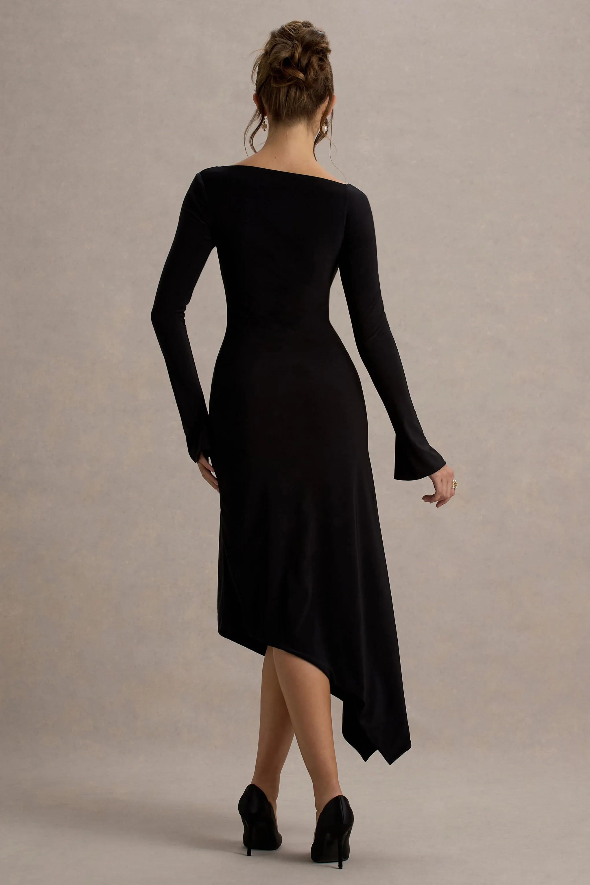 Serenita | Black Asymmetric Long-Sleeve Midi Dress Club L London