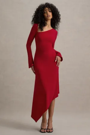 Serenita | Red Asymmetric Long-Sleeve Midi Dress Club L London