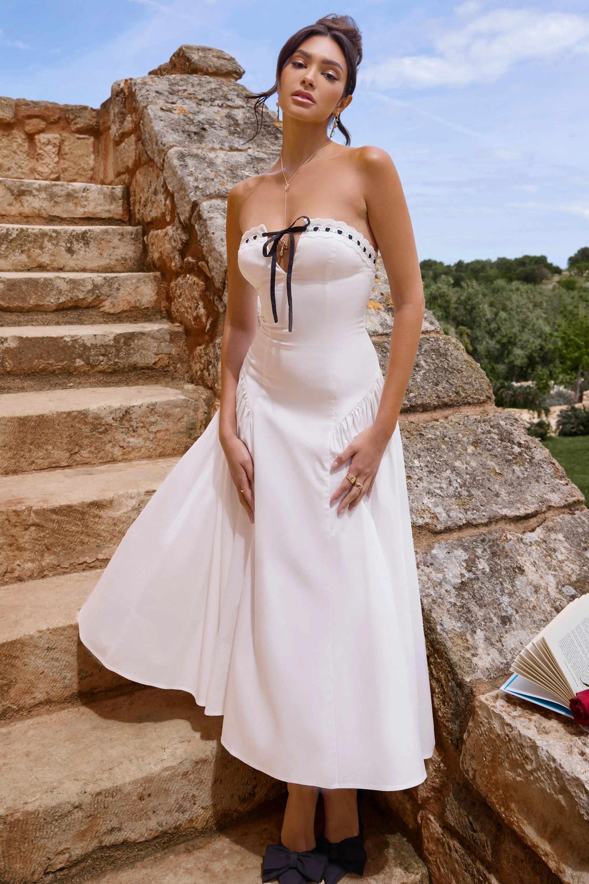 Serrenti | White Poplin Strapless Lace Detail Midi Dress With Volume Skirt Club L London