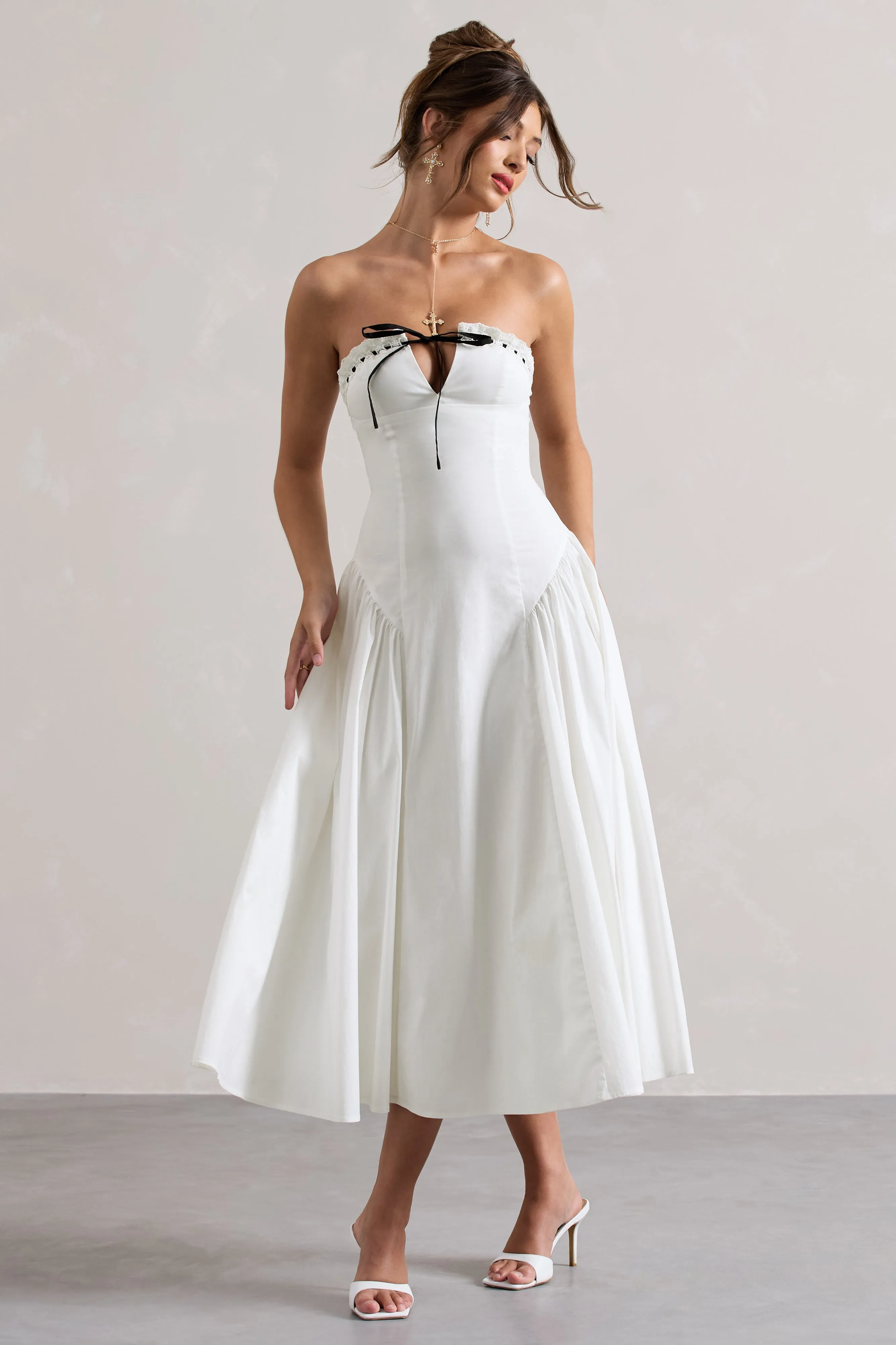 Serrenti | White Poplin Strapless Lace Detail Midi Dress With Volume Skirt Club L London