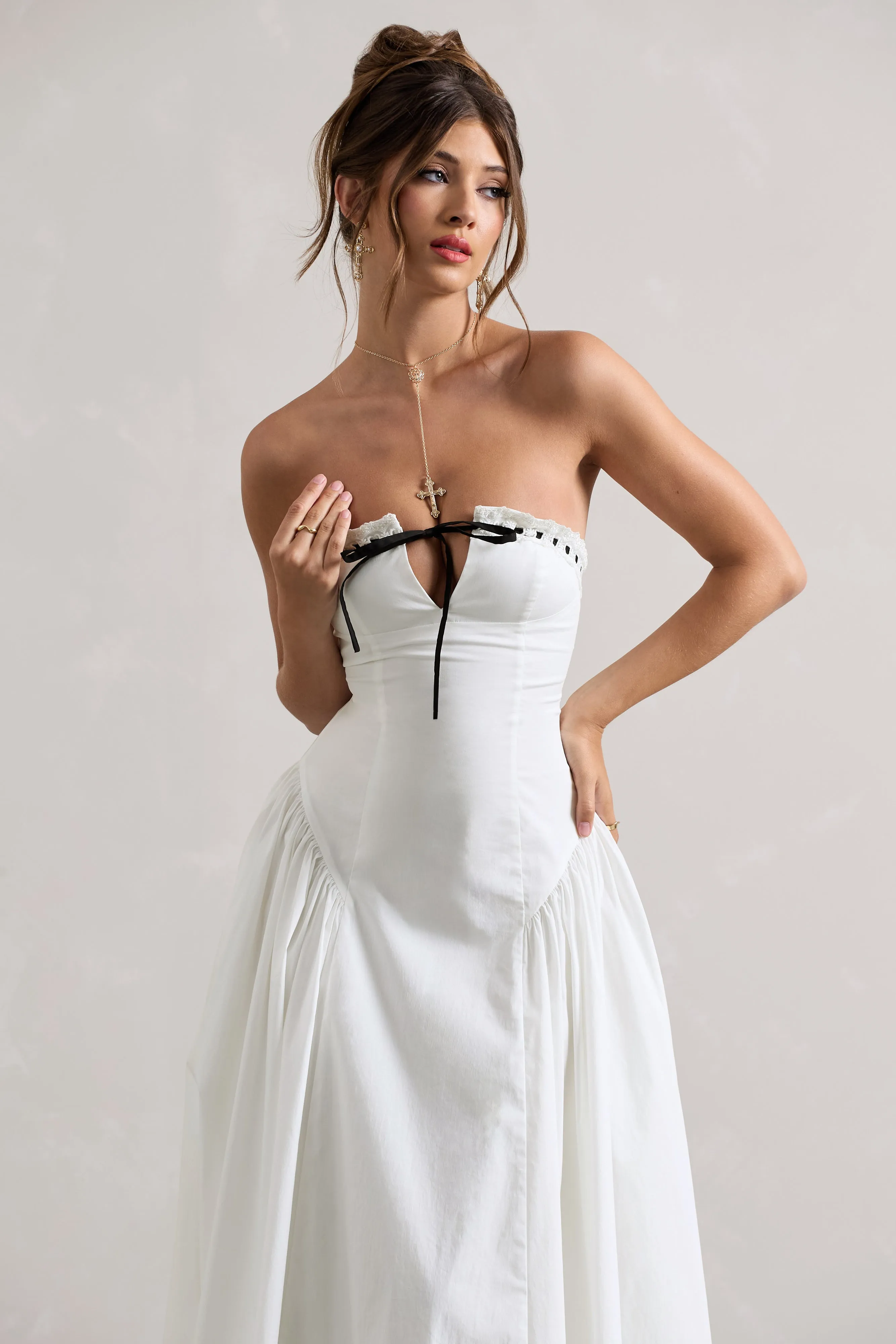 Serrenti | White Poplin Strapless Lace Detail Midi Dress With Volume Skirt Club L London