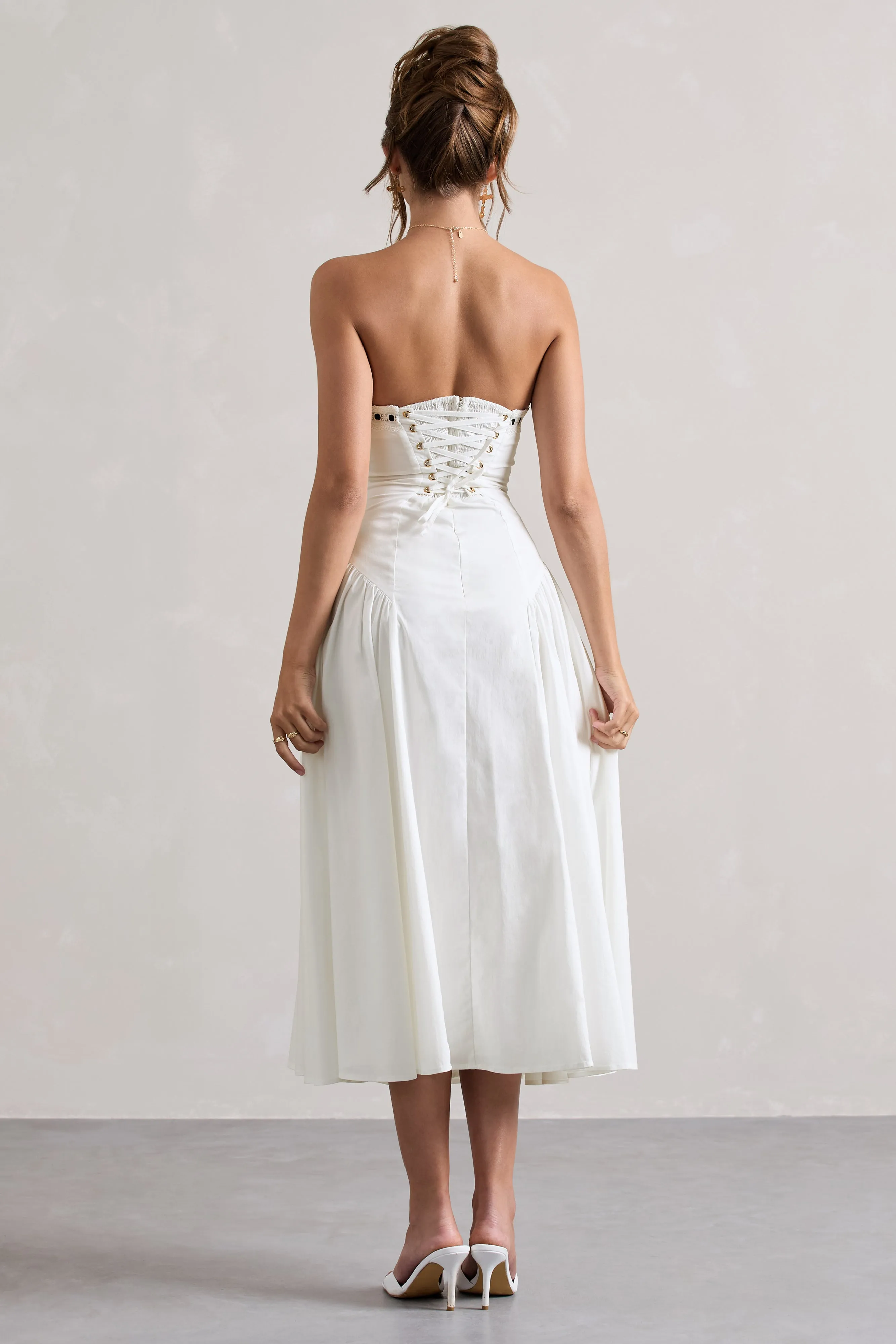 Serrenti | White Poplin Strapless Lace Detail Midi Dress With Volume Skirt Club L London