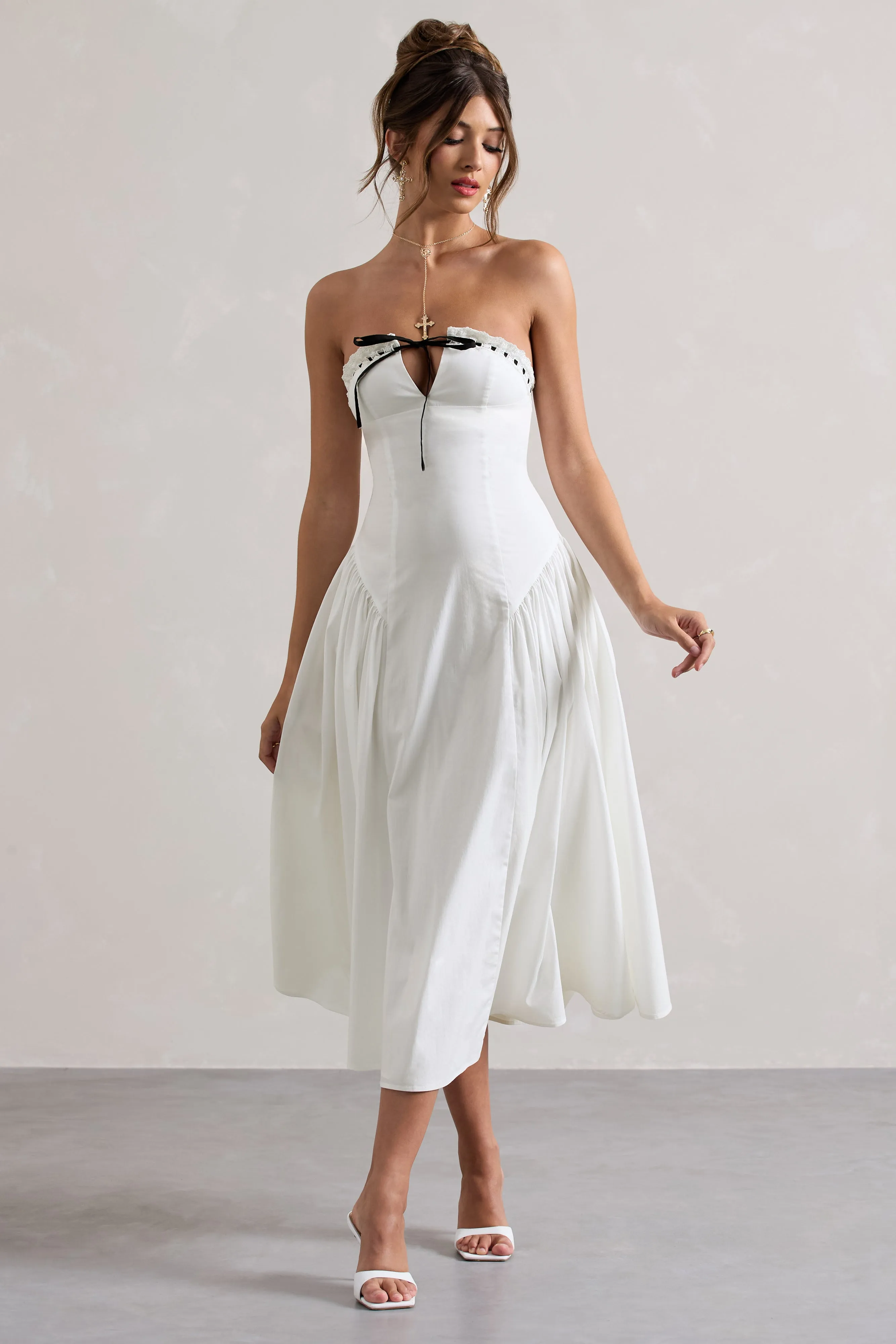 Serrenti | White Poplin Strapless Lace Detail Midi Dress With Volume Skirt Club L London