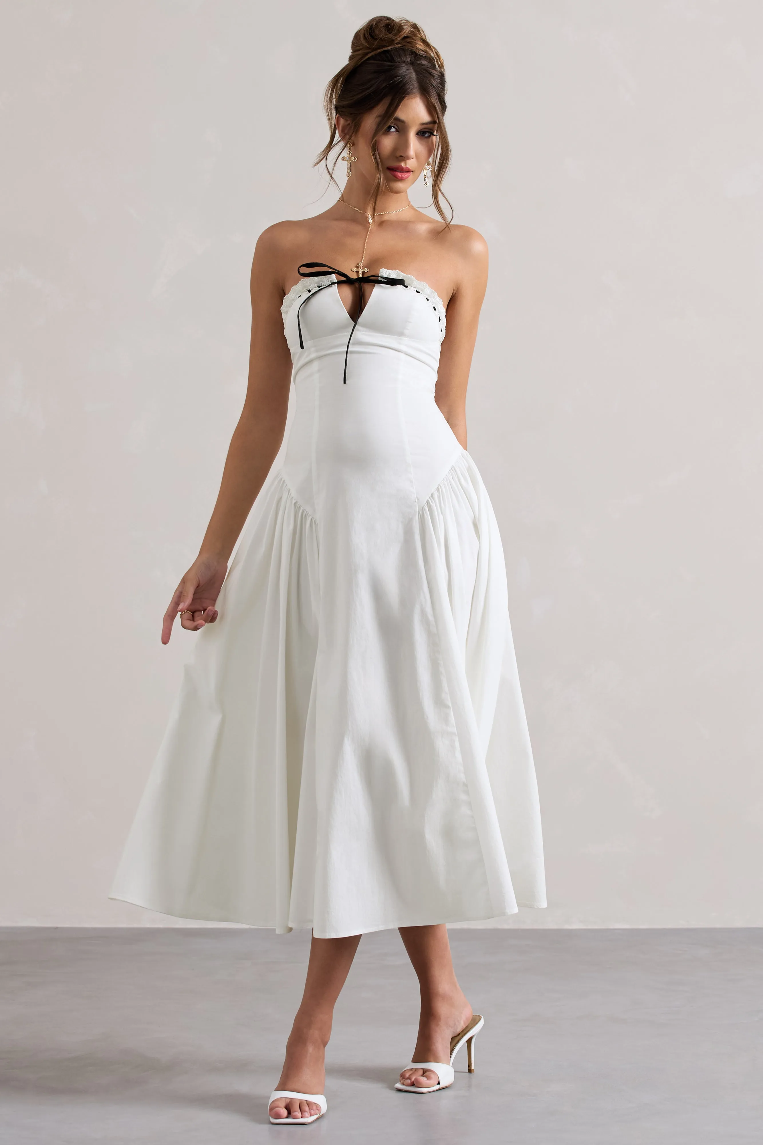 Serrenti | White Poplin Strapless Lace Detail Midi Dress With Volume Skirt Club L London