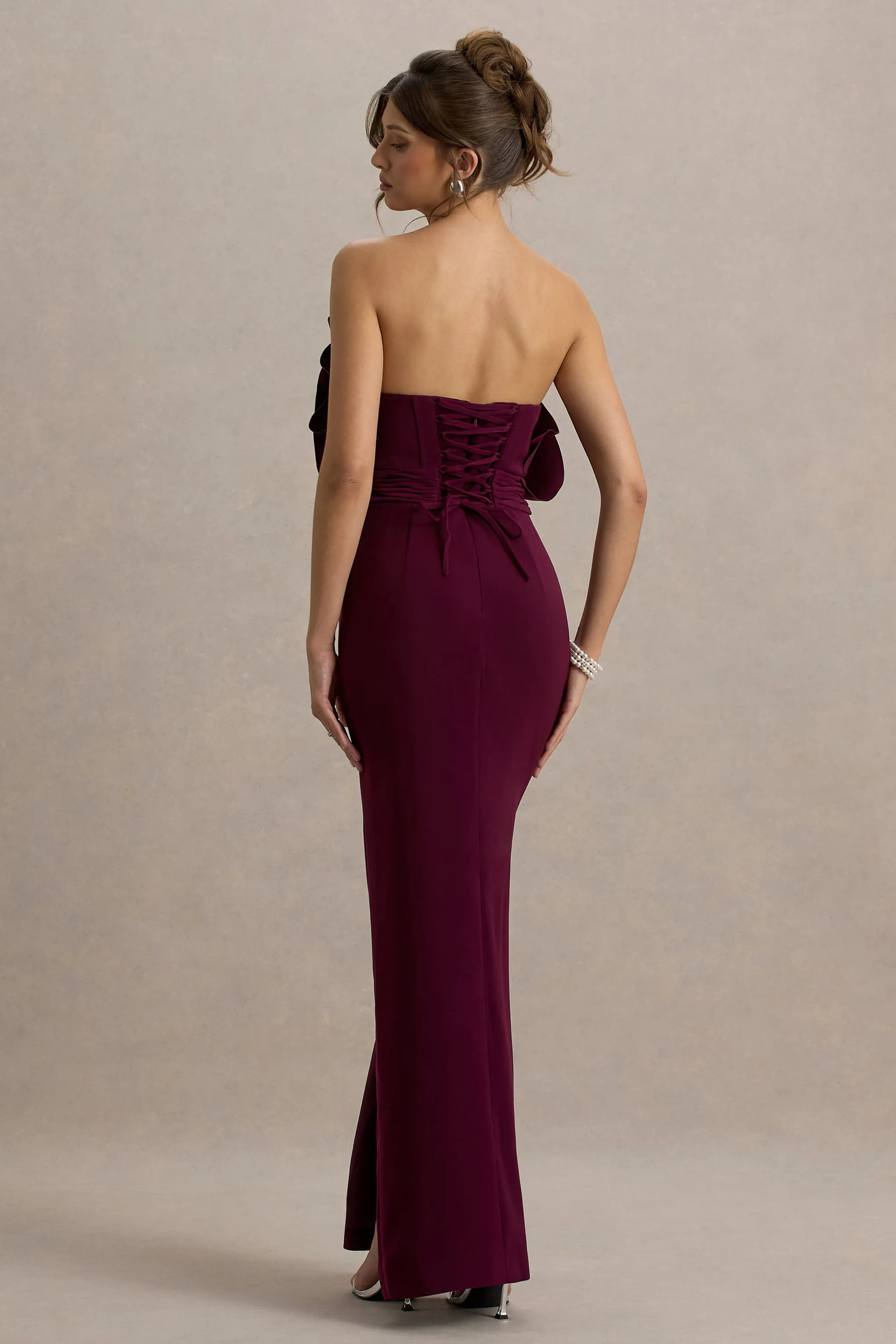 Set The Bar | Plum Ruffled Strapless Split Maxi Dress Club L London