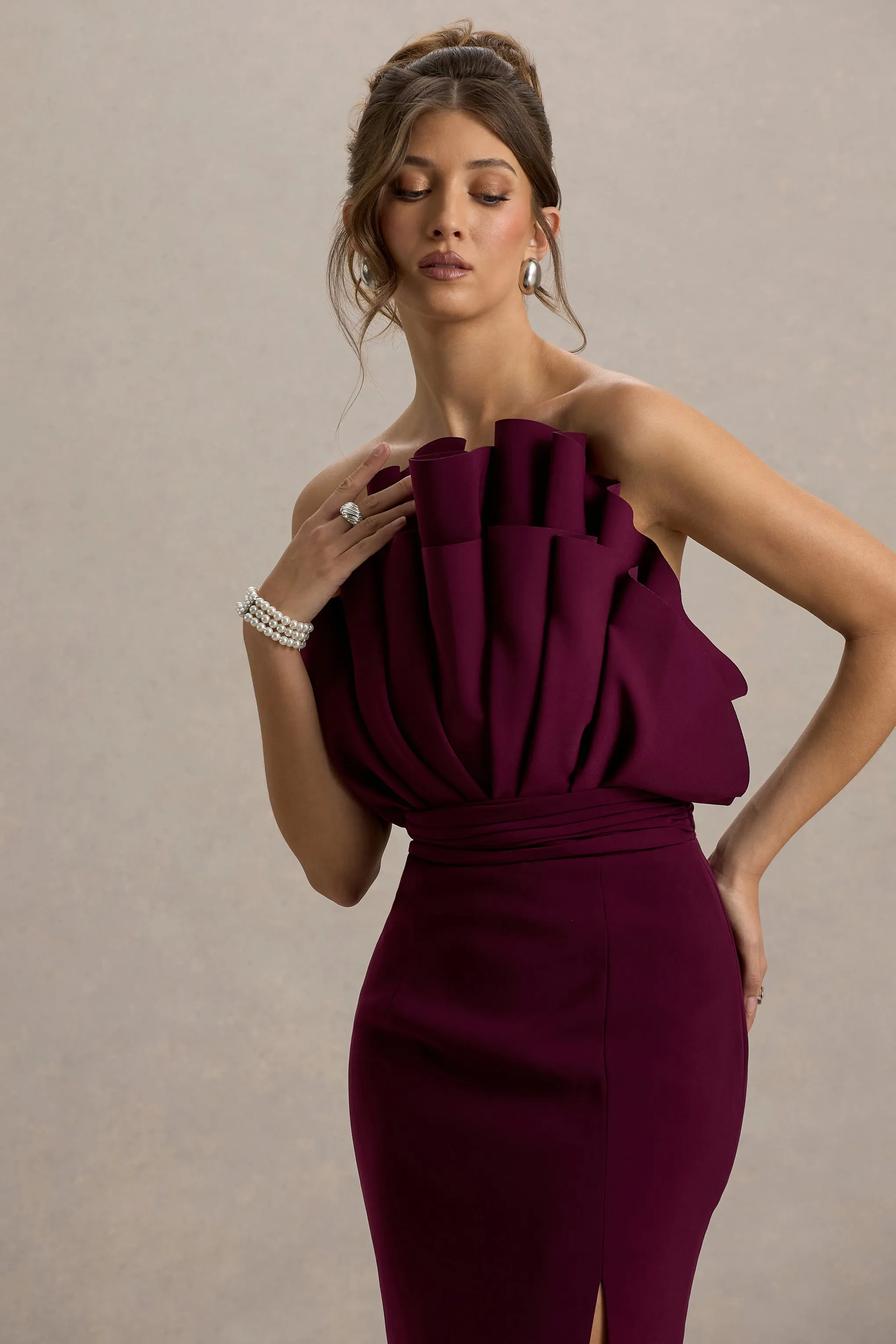 Set The Bar | Plum Ruffled Strapless Split Maxi Dress Club L London