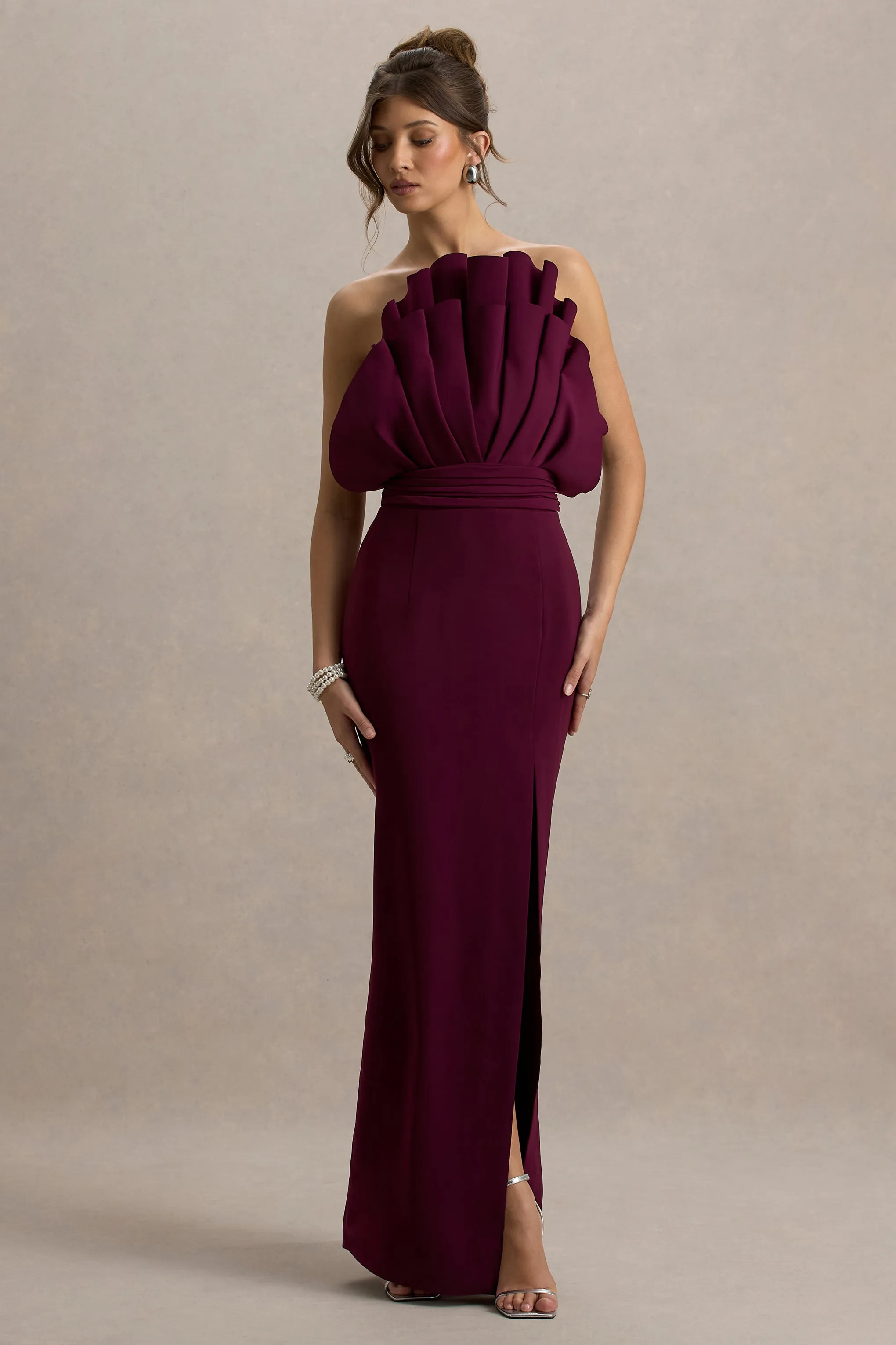 Set The Bar | Plum Ruffled Strapless Split Maxi Dress Club L London