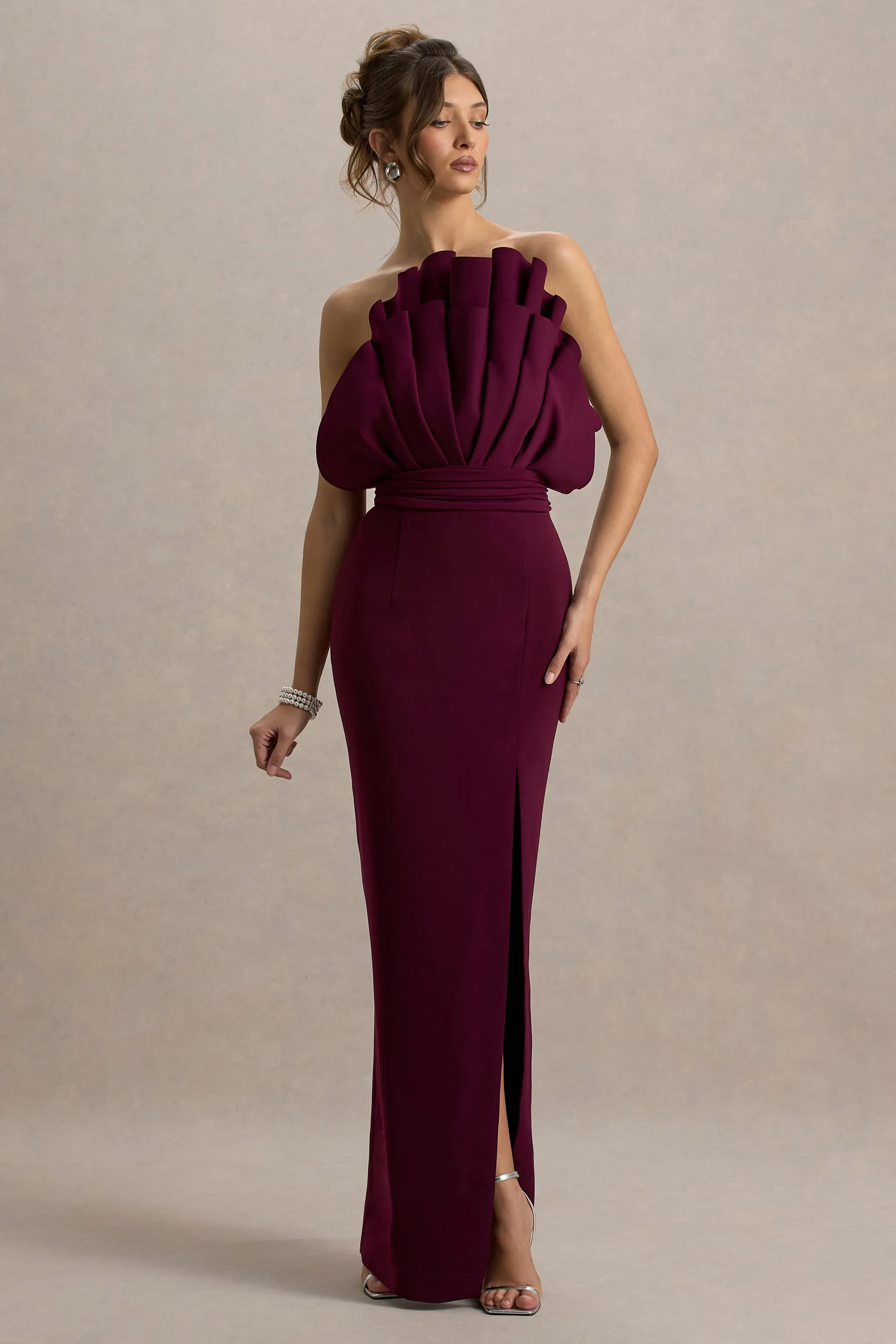 Set The Bar | Plum Ruffled Strapless Split Maxi Dress Club L London