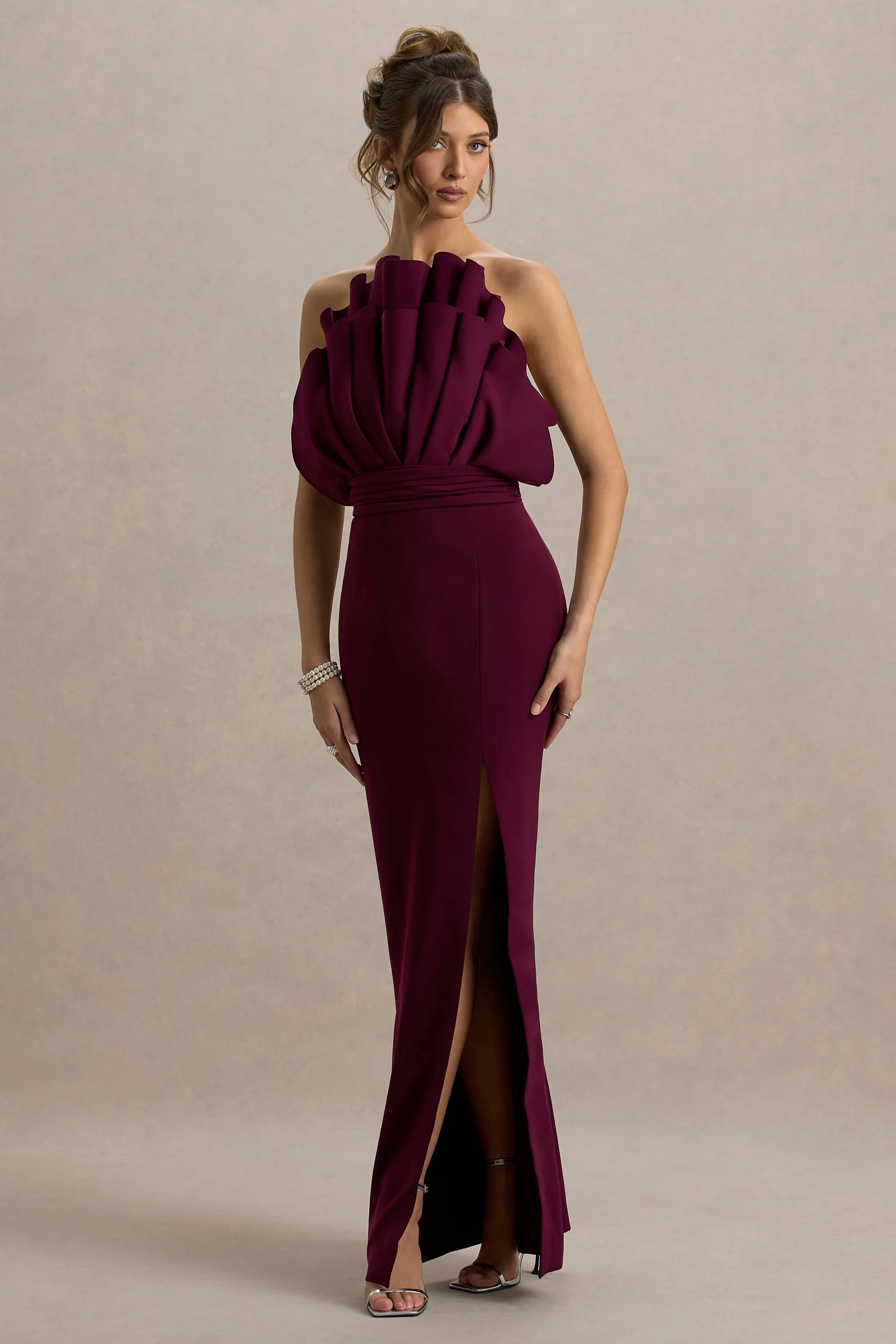 Set The Bar | Plum Ruffled Strapless Split Maxi Dress Club L London