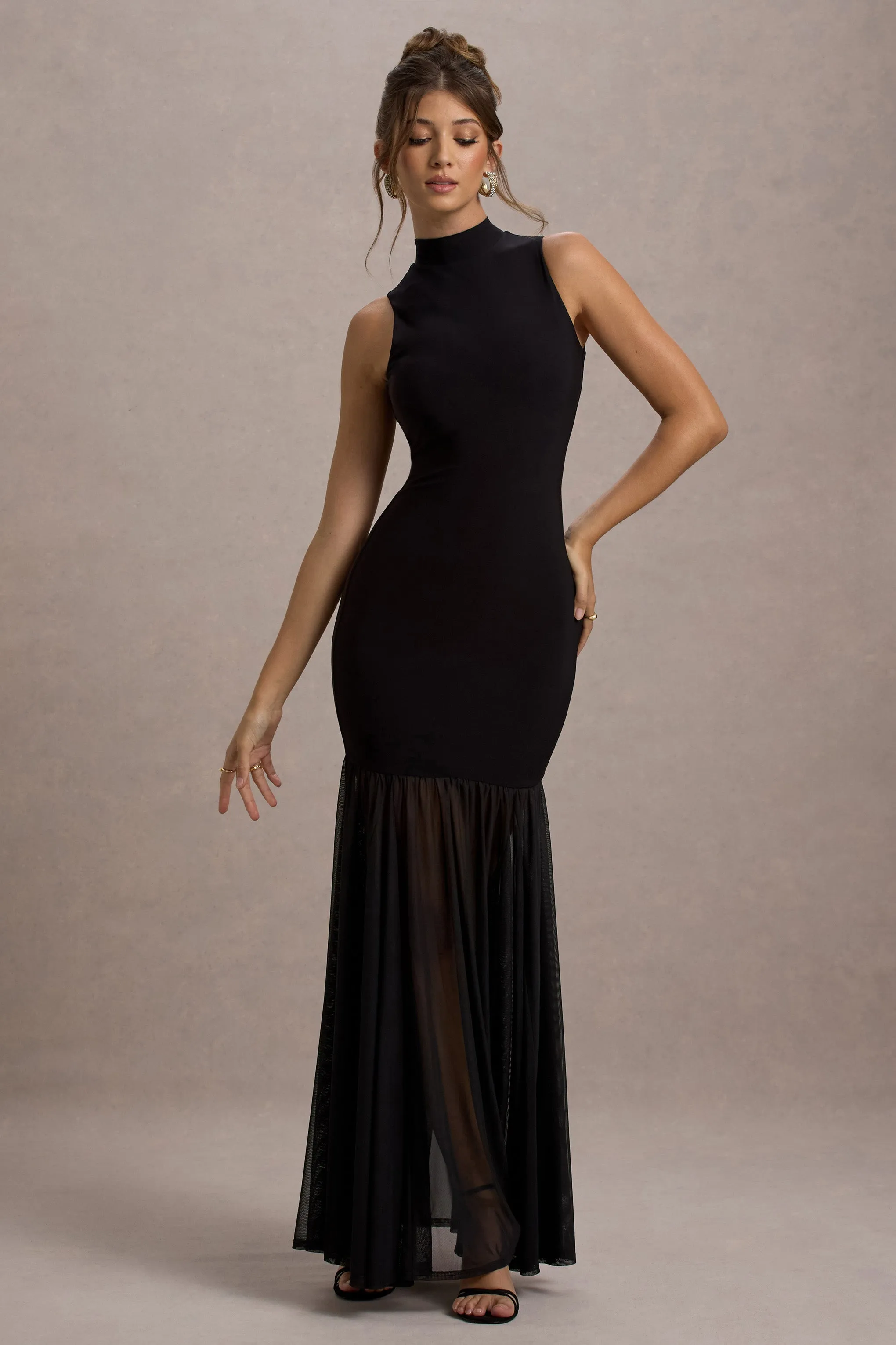 Shae | Black High-Neck Maxi Dress With Sheer Skirt Club L London