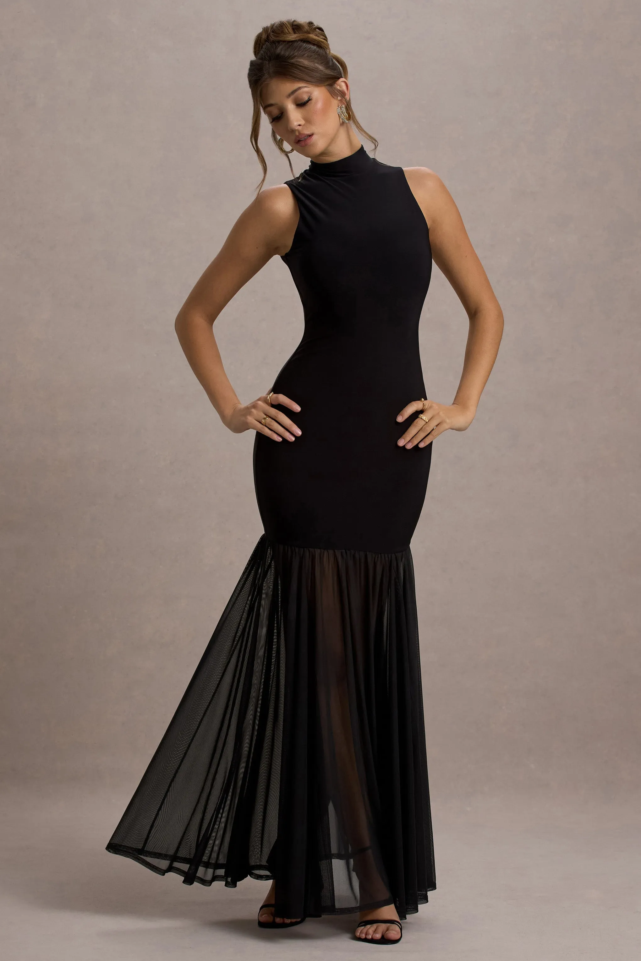 Shae | Black High-Neck Maxi Dress With Sheer Skirt Club L London