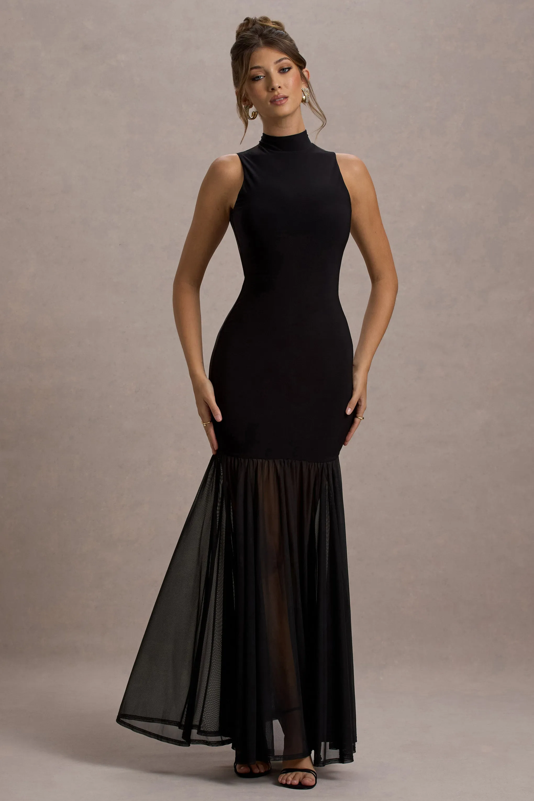 Shae | Black High-Neck Maxi Dress With Sheer Skirt Club L London