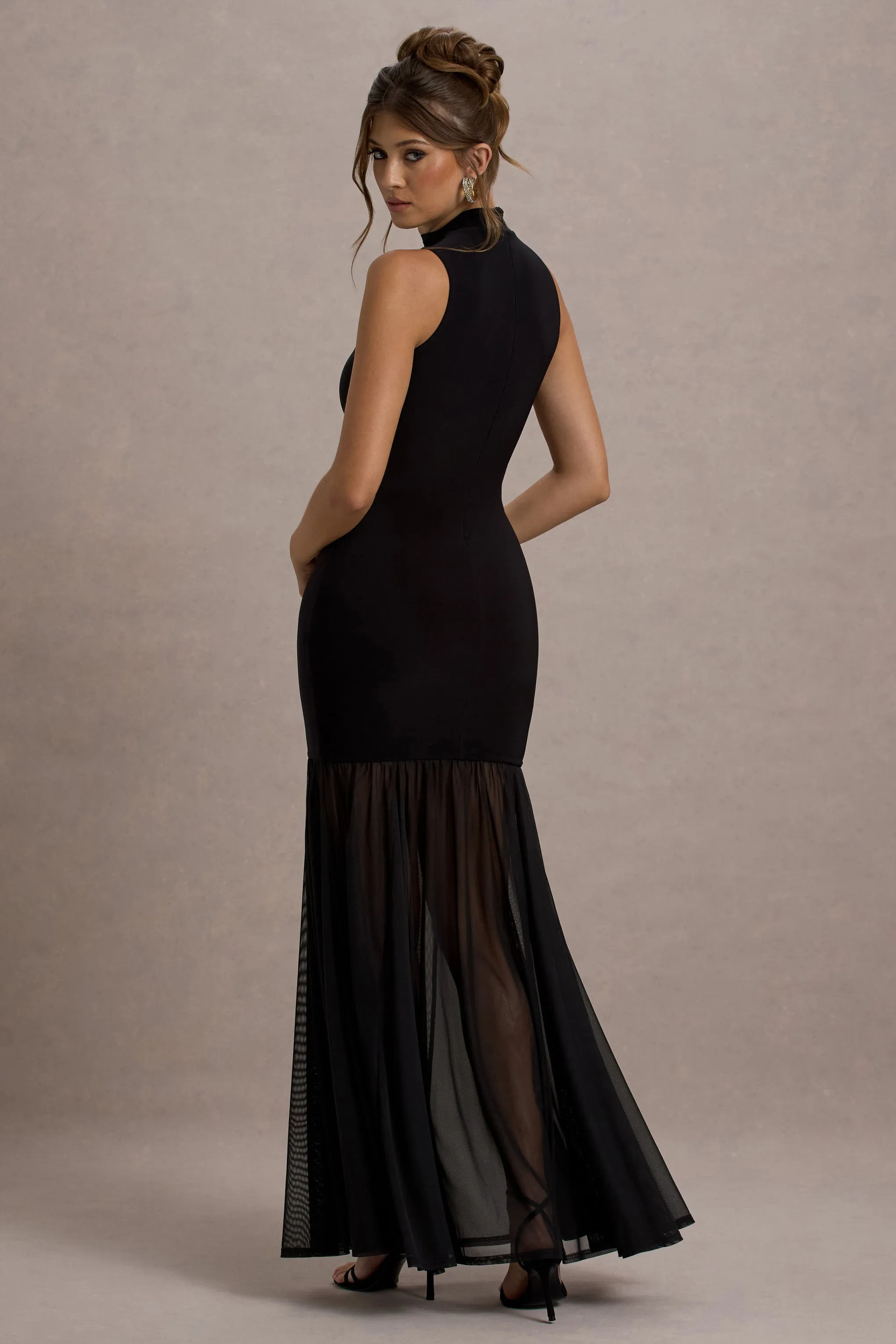 Shae | Black High-Neck Maxi Dress With Sheer Skirt Club L London