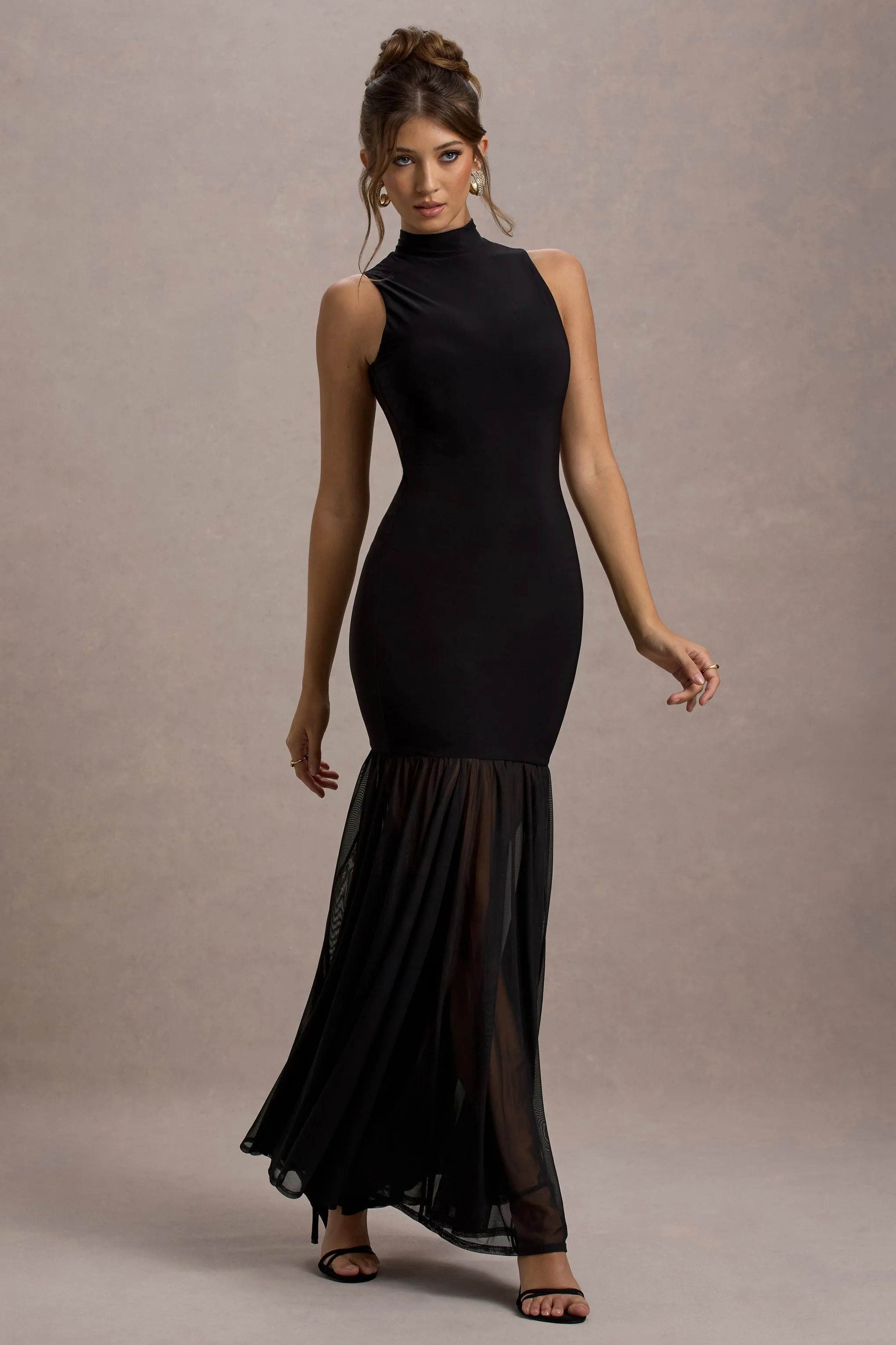 Shae | Black High-Neck Maxi Dress With Sheer Skirt Club L London