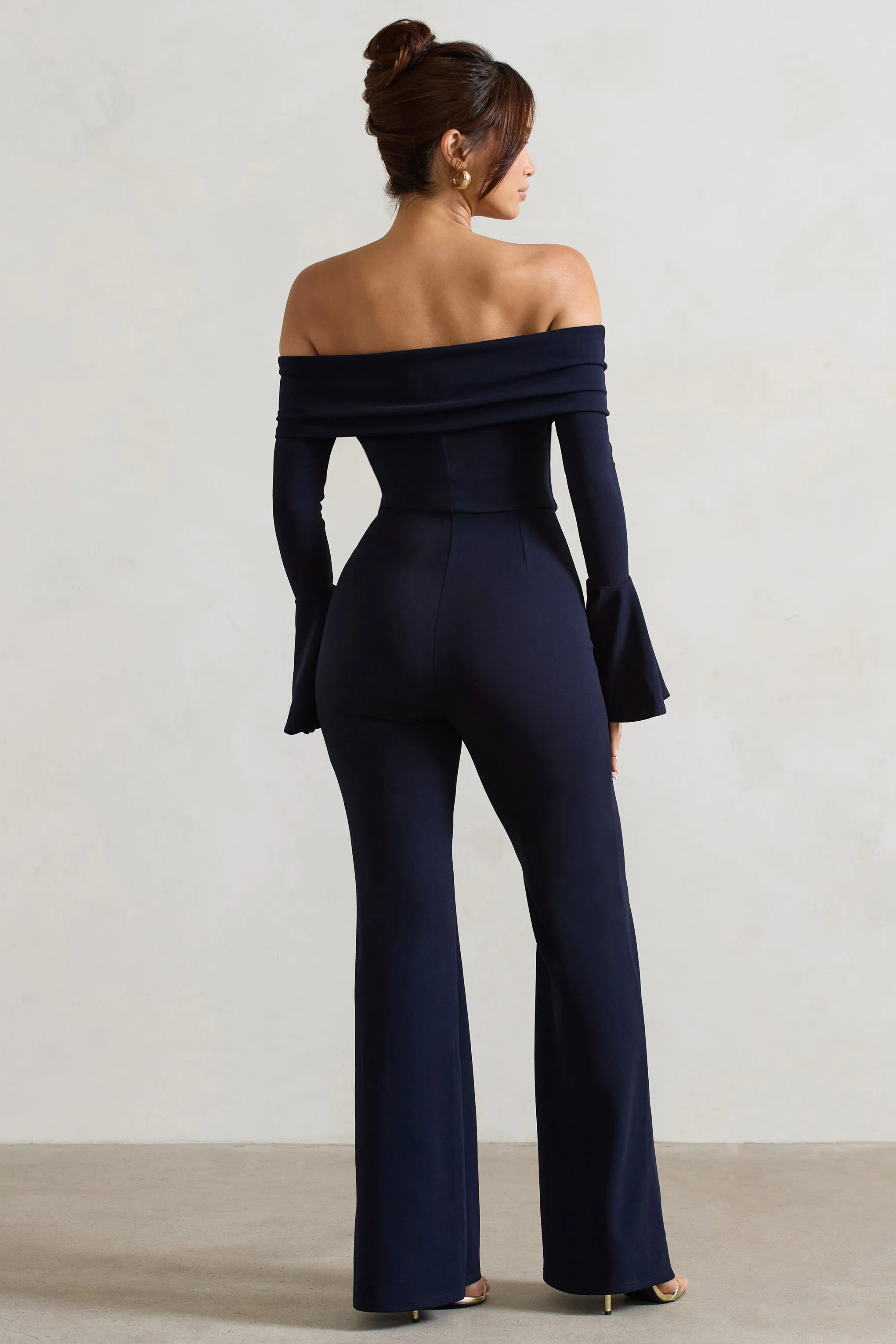 Shauna | Navy Bardot Long-Sleeve Flared Jumpsuit Club L London