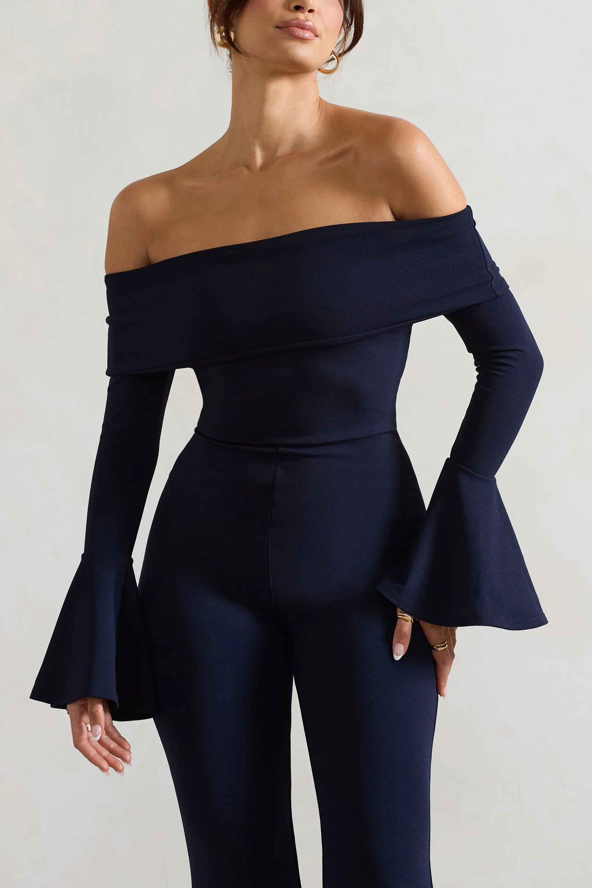 Shauna | Navy Bardot Long-Sleeve Flared Jumpsuit Club L London