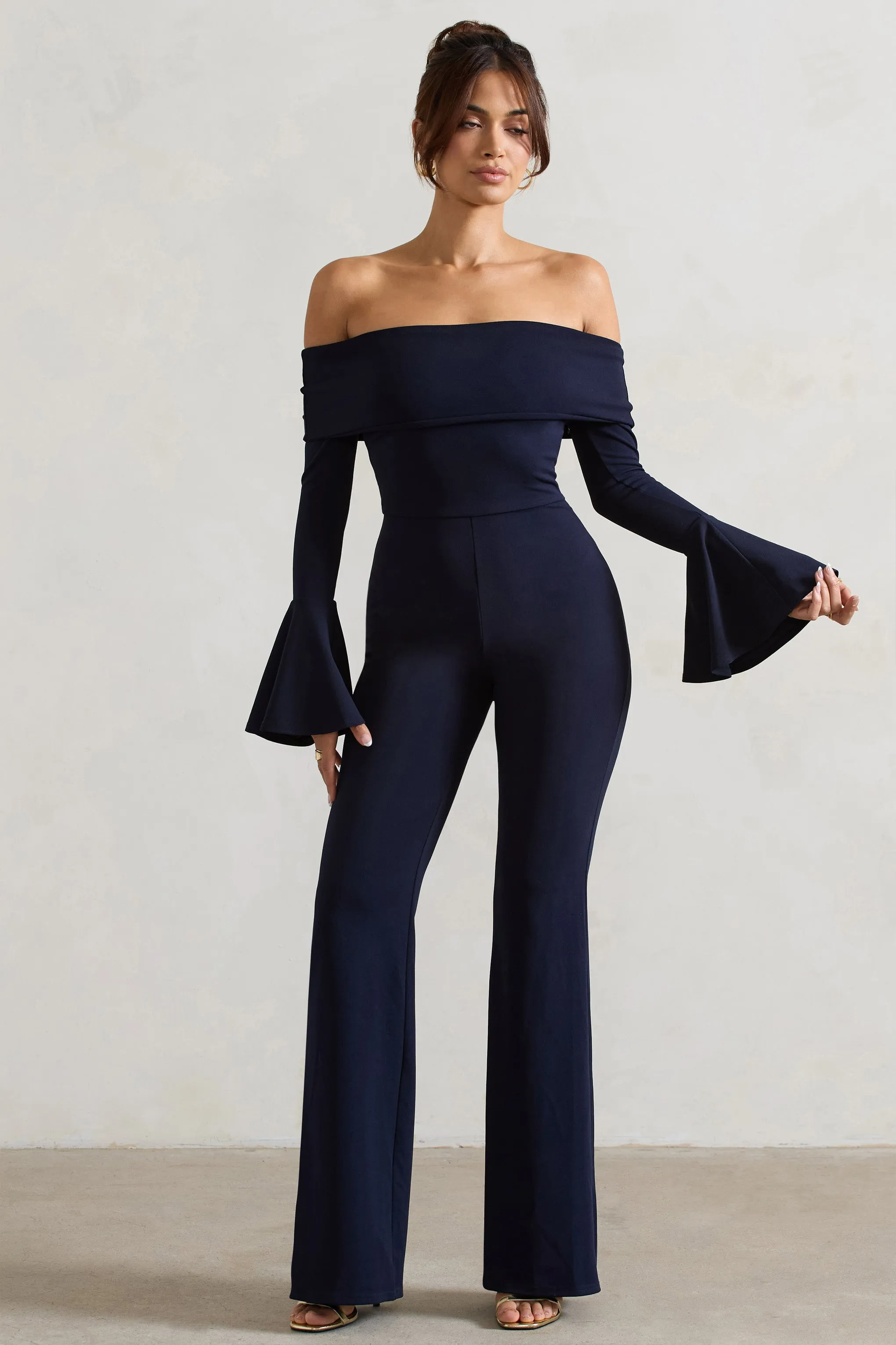 Shauna | Navy Bardot Long-Sleeve Flared Jumpsuit Club L London