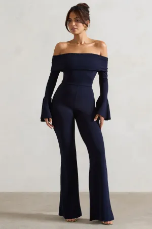 Shauna | Navy Bardot Long-Sleeve Flared Jumpsuit Club L London