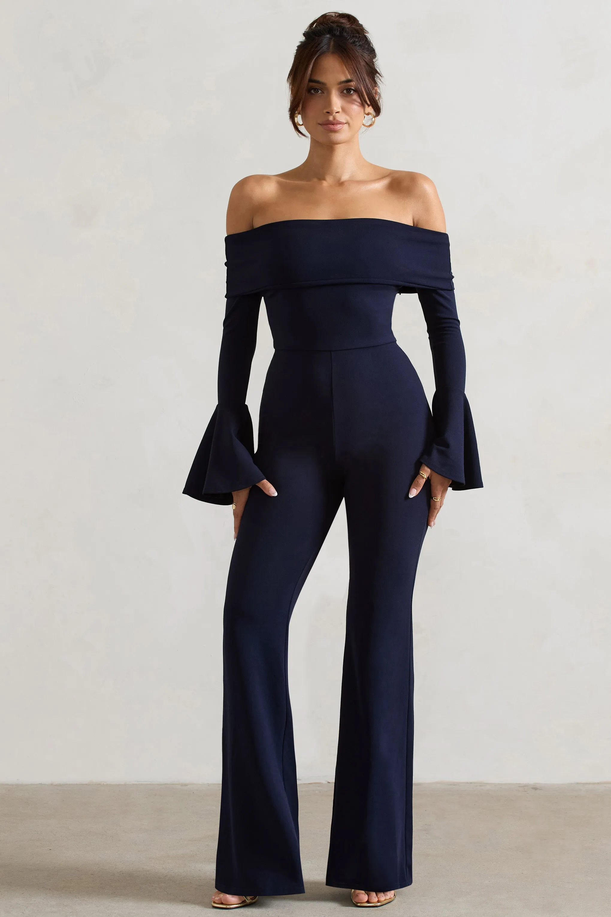 Shauna | Navy Bardot Long-Sleeve Flared Jumpsuit Club L London