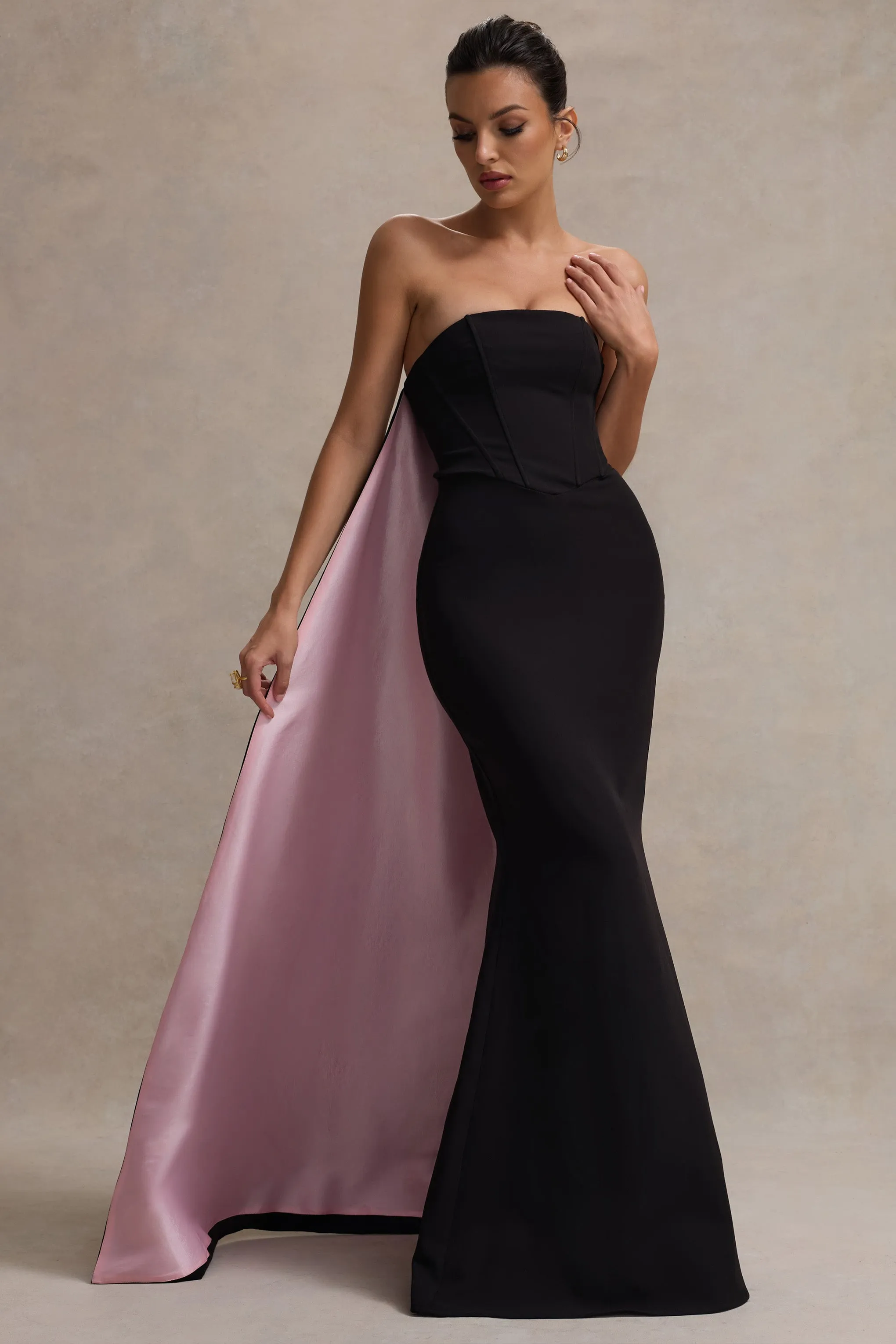 She's Trouble | Black Bandeau Maxi Dress With Pink Cape Club L London