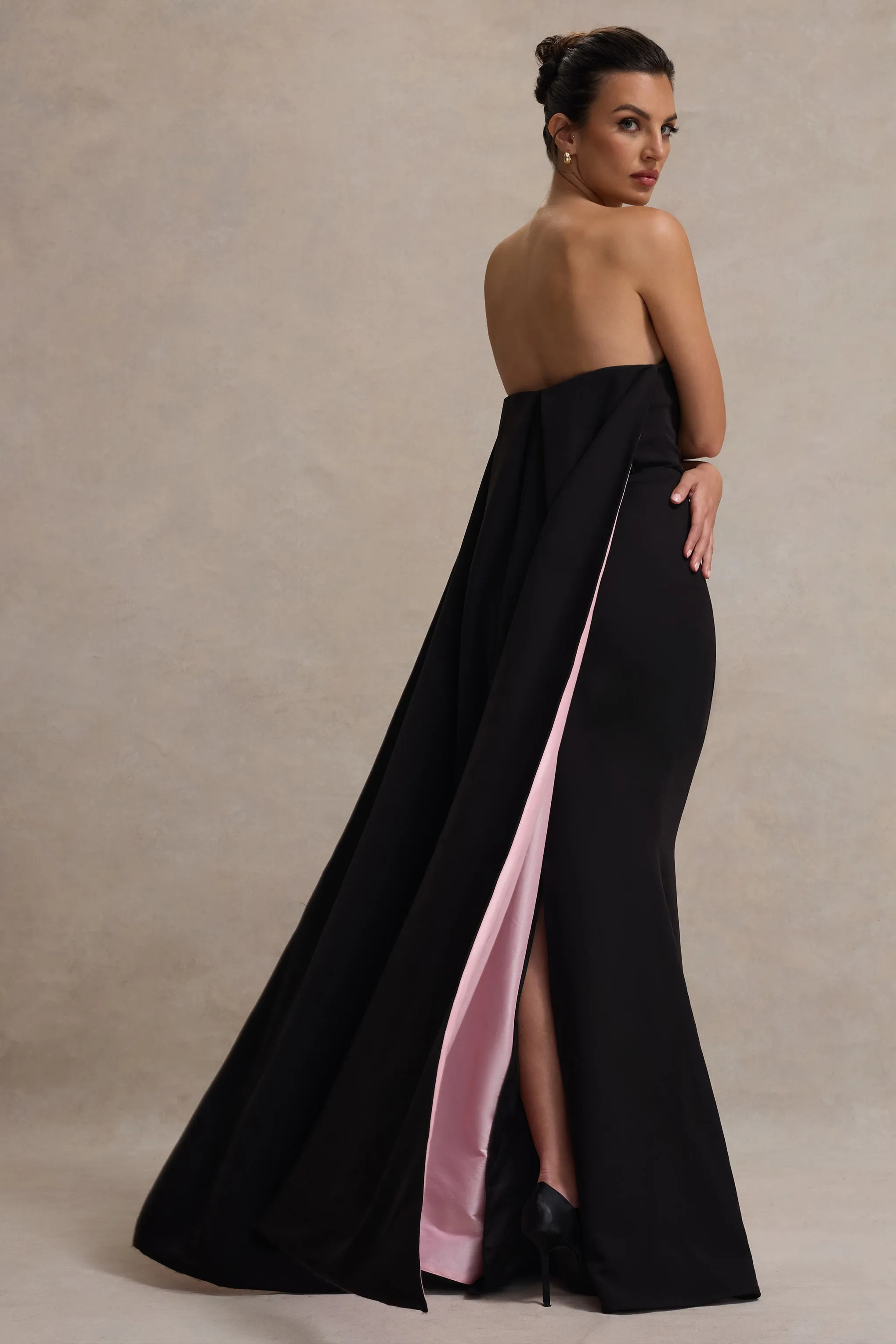 She's Trouble | Black Bandeau Maxi Dress With Pink Cape Club L London