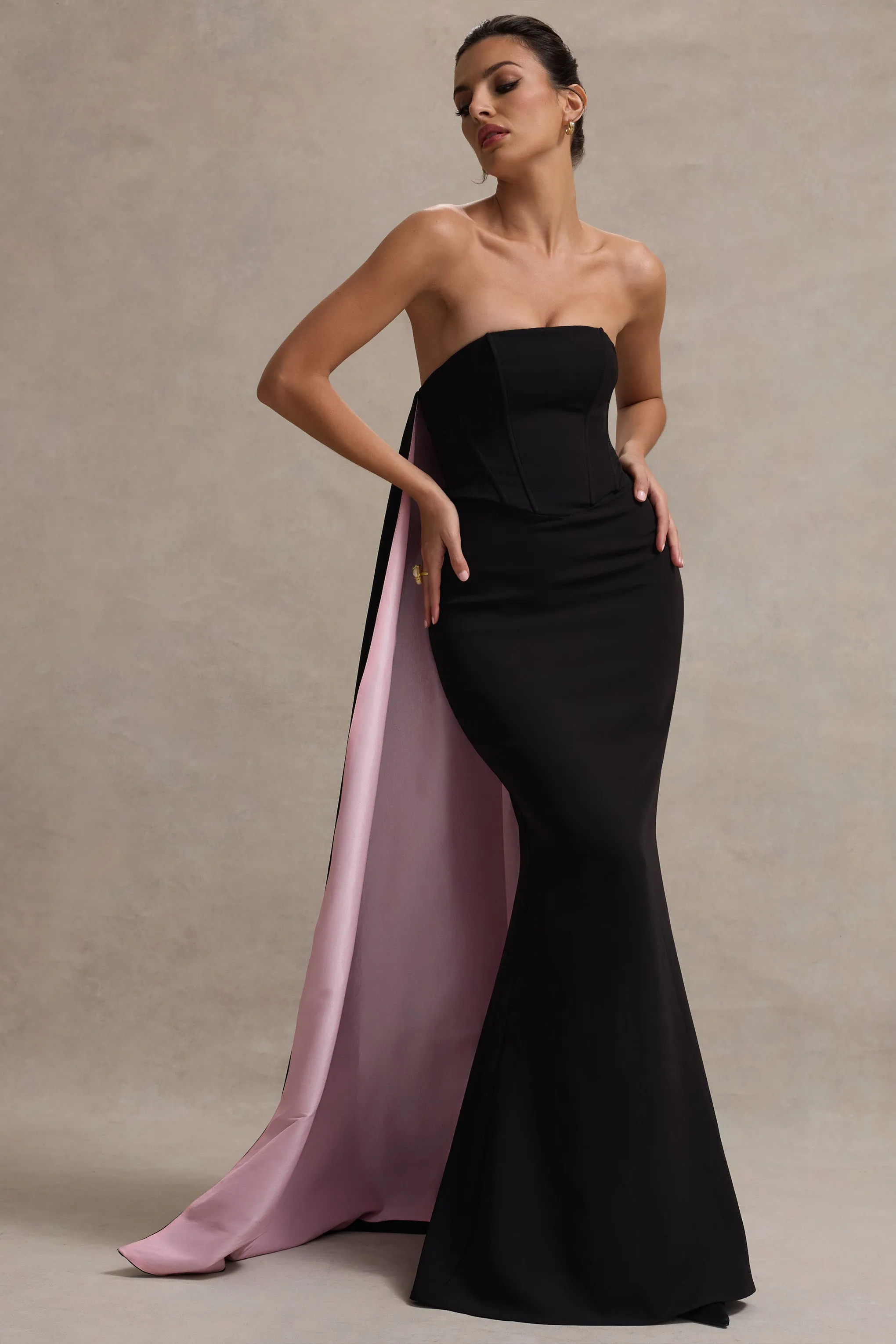 She's Trouble | Black Bandeau Maxi Dress With Pink Cape Club L London