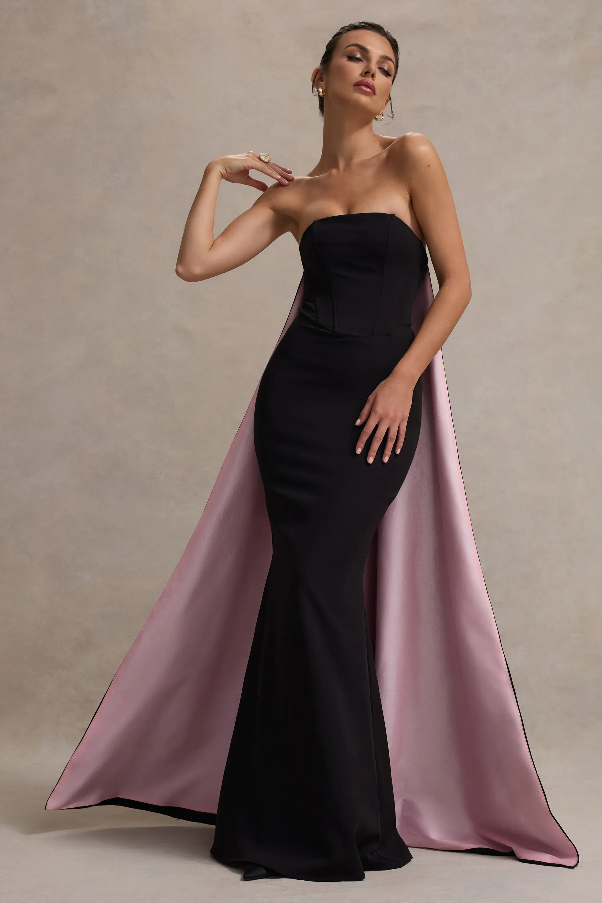 She's Trouble | Black Bandeau Maxi Dress With Pink Cape Club L London