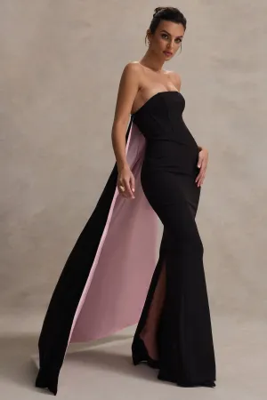 She's Trouble | Black Bandeau Maxi Dress With Pink Cape Club L London