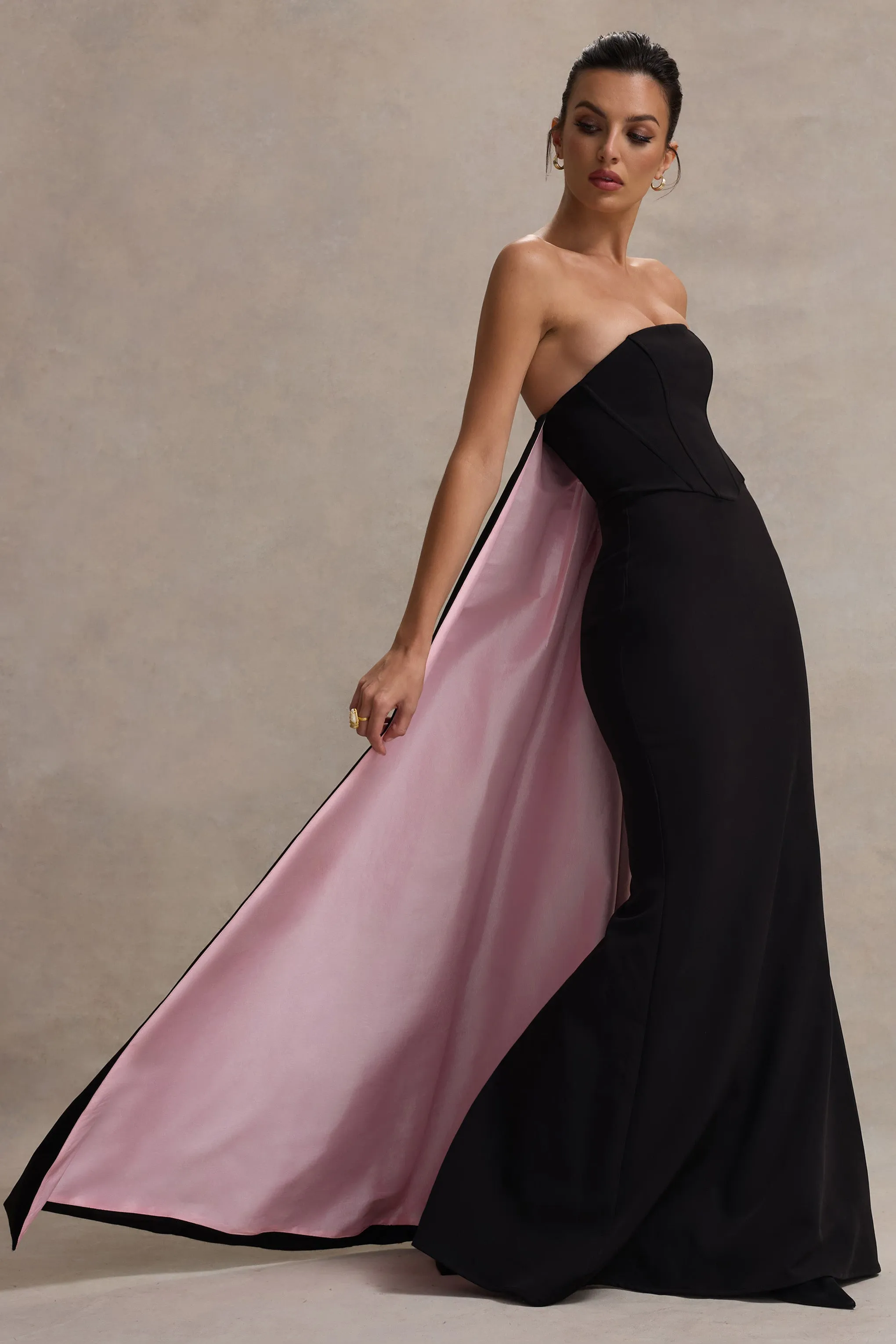 She's Trouble | Black Bandeau Maxi Dress With Pink Cape Club L London