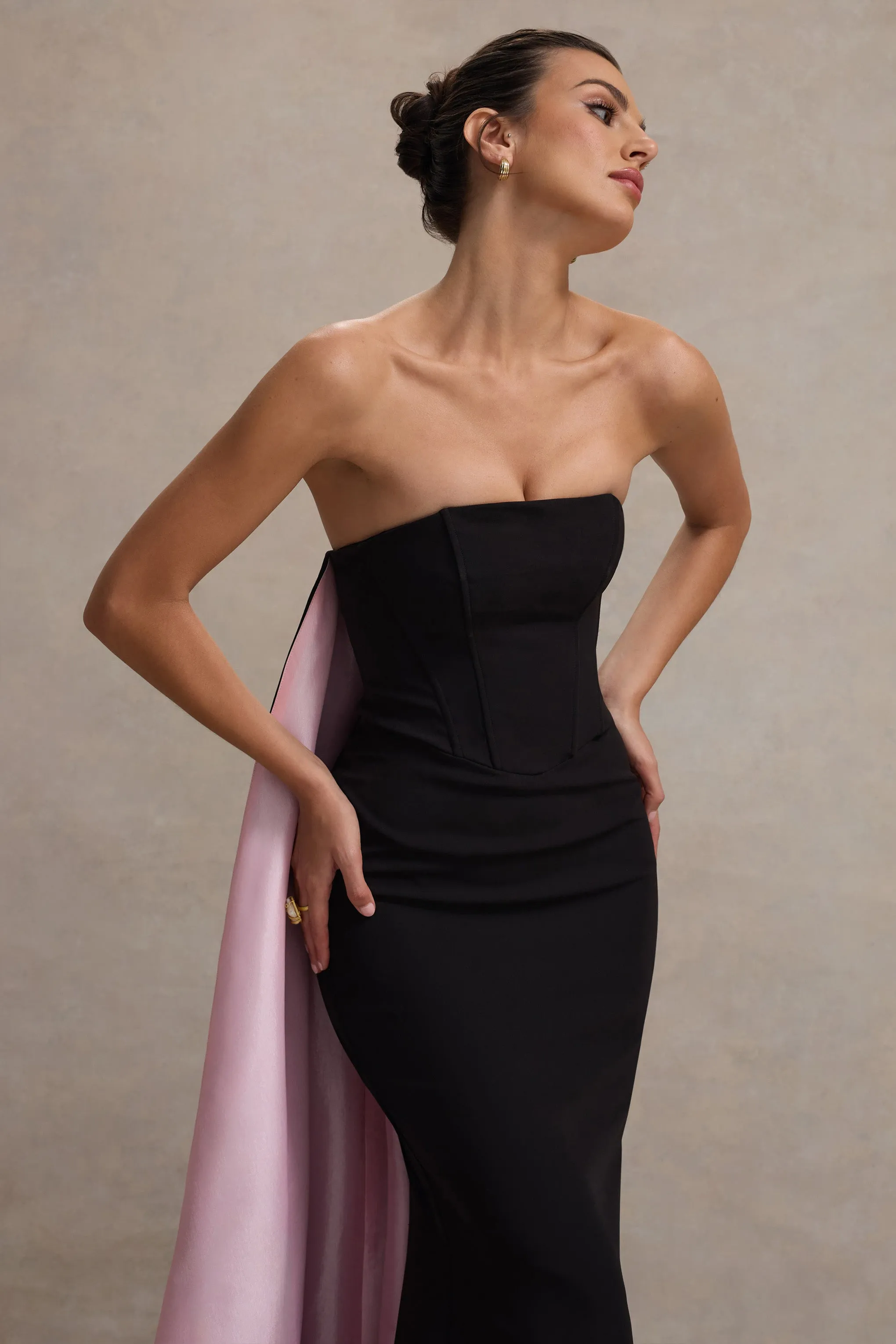 She's Trouble | Black Bandeau Maxi Dress With Pink Cape Club L London
