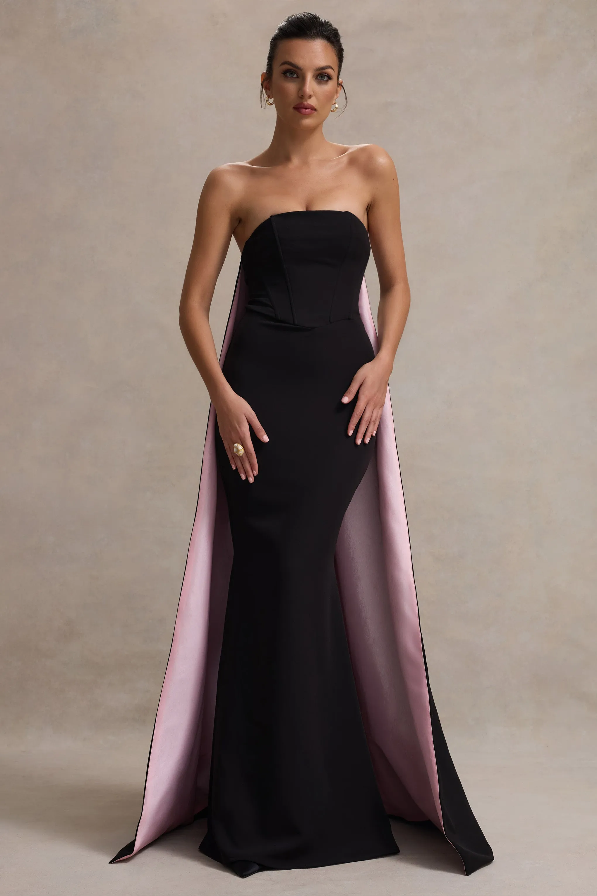 She's Trouble | Black Bandeau Maxi Dress With Pink Cape Club L London