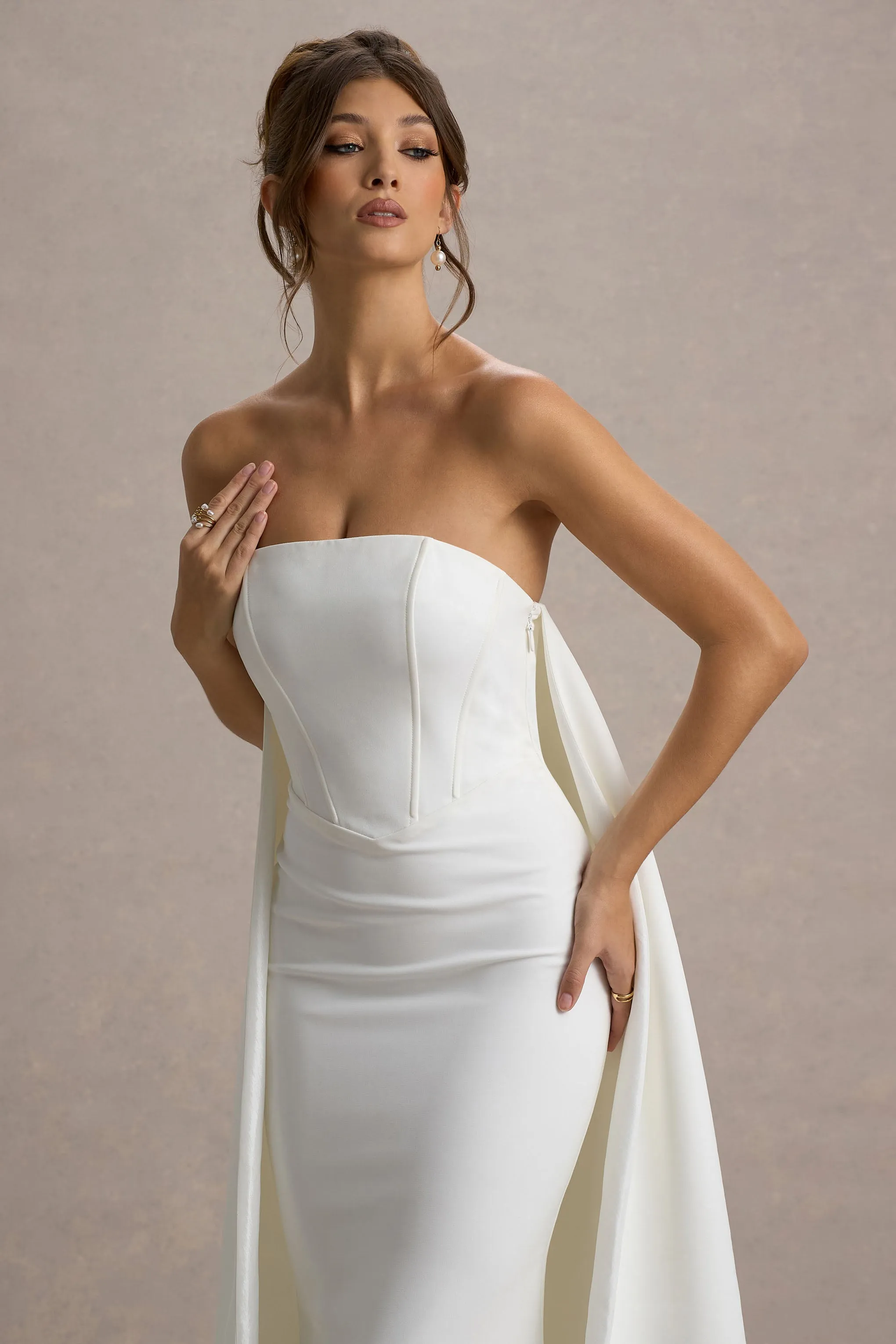 She's Trouble | White Bandeau Maxi Dress With Cape Club L London