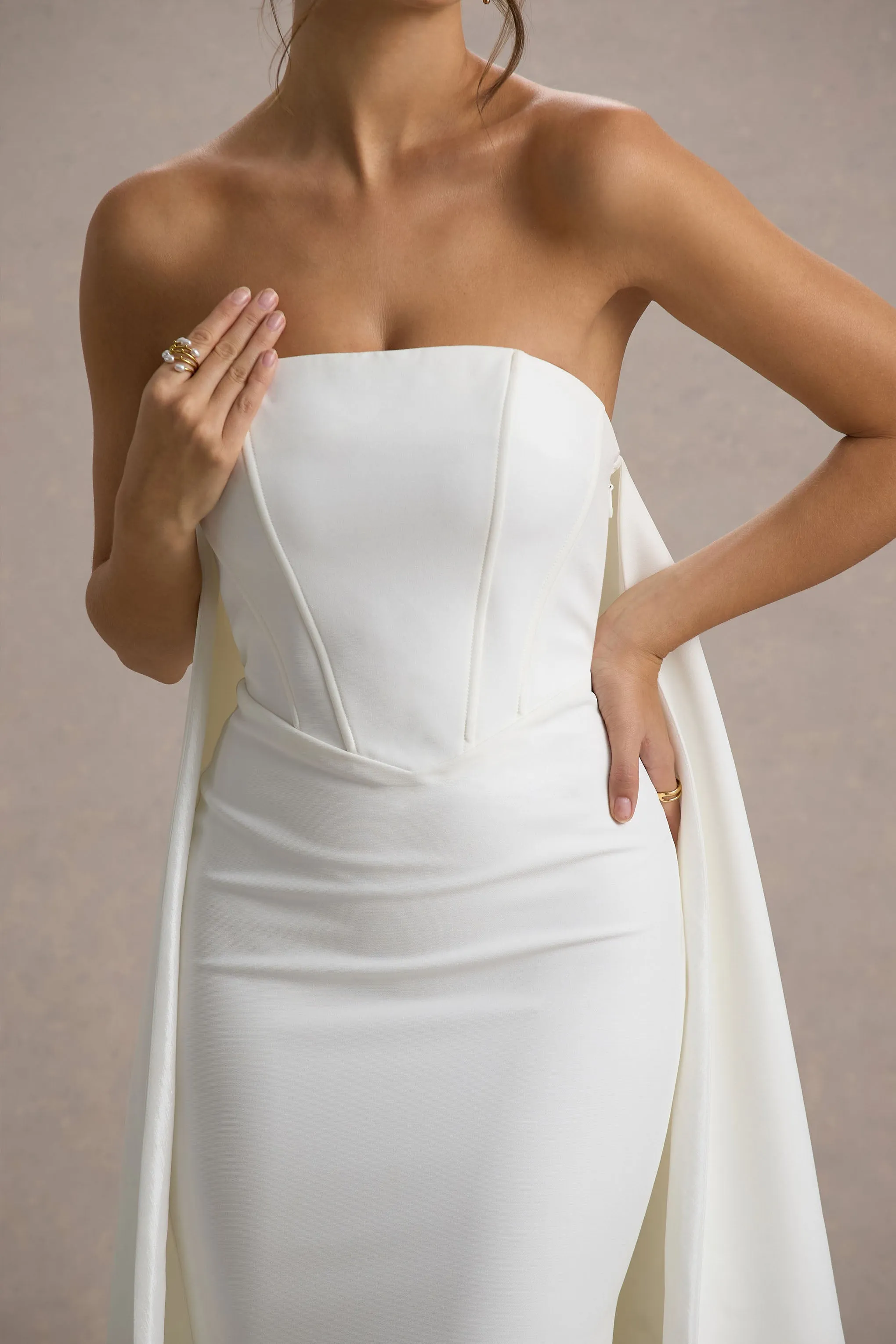 She's Trouble | White Bandeau Maxi Dress With Cape Club L London