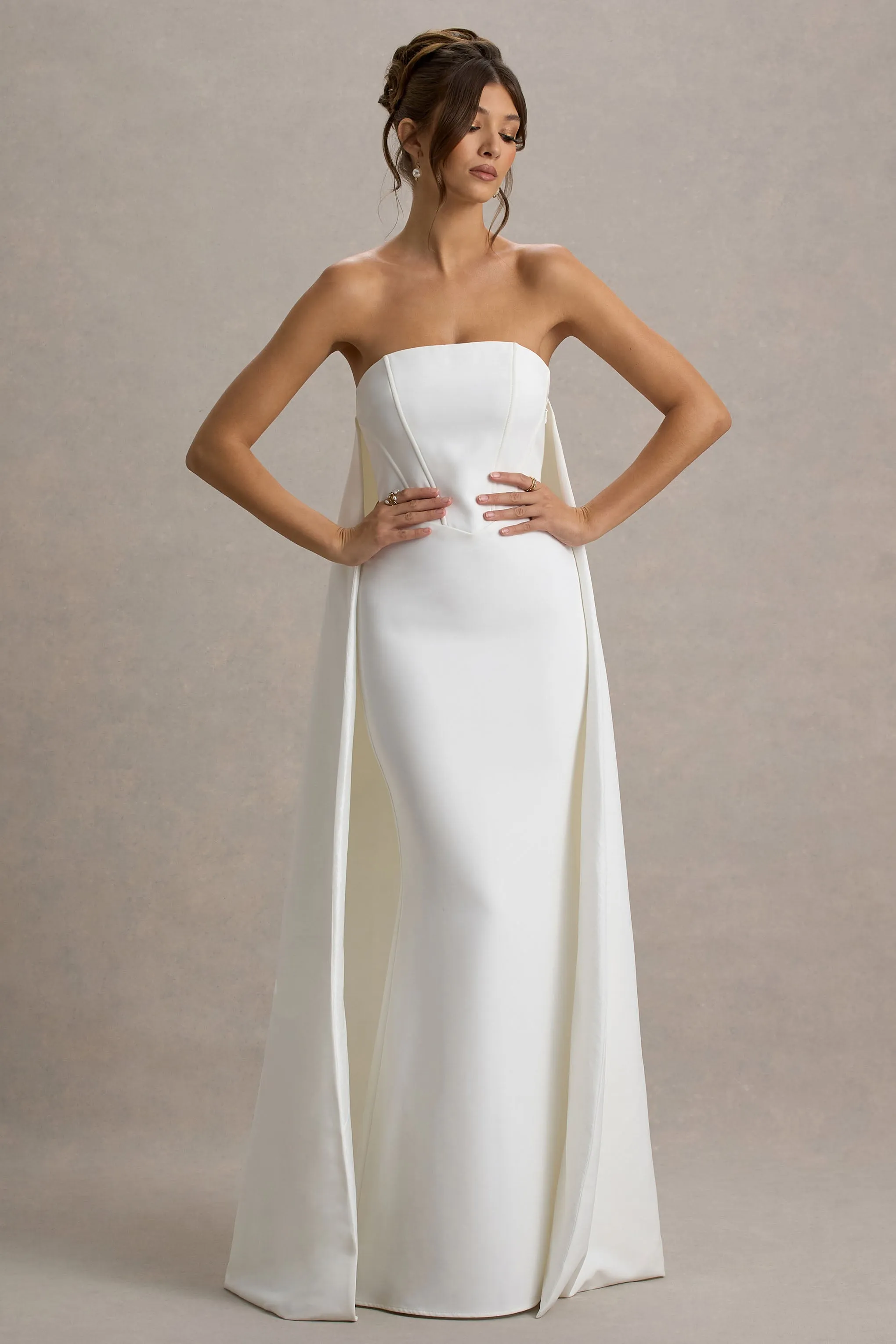 She's Trouble | White Bandeau Maxi Dress With Cape Club L London