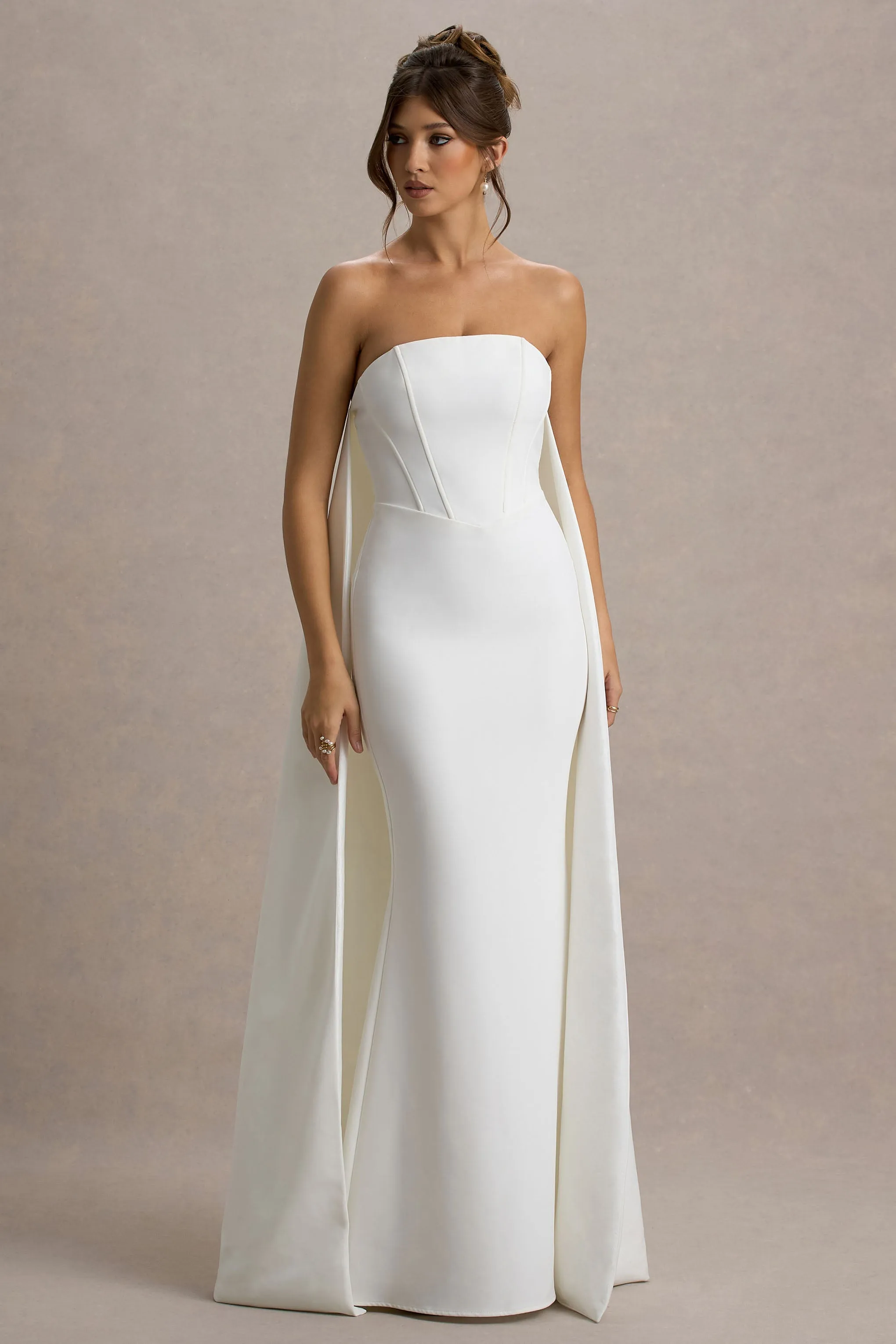 She's Trouble | White Bandeau Maxi Dress With Cape Club L London