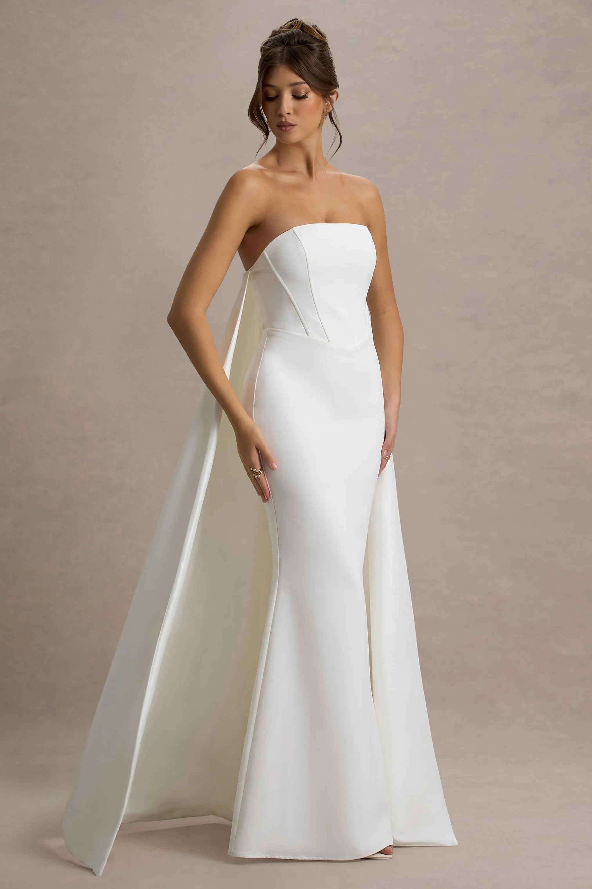 She's Trouble | White Bandeau Maxi Dress With Cape Club L London