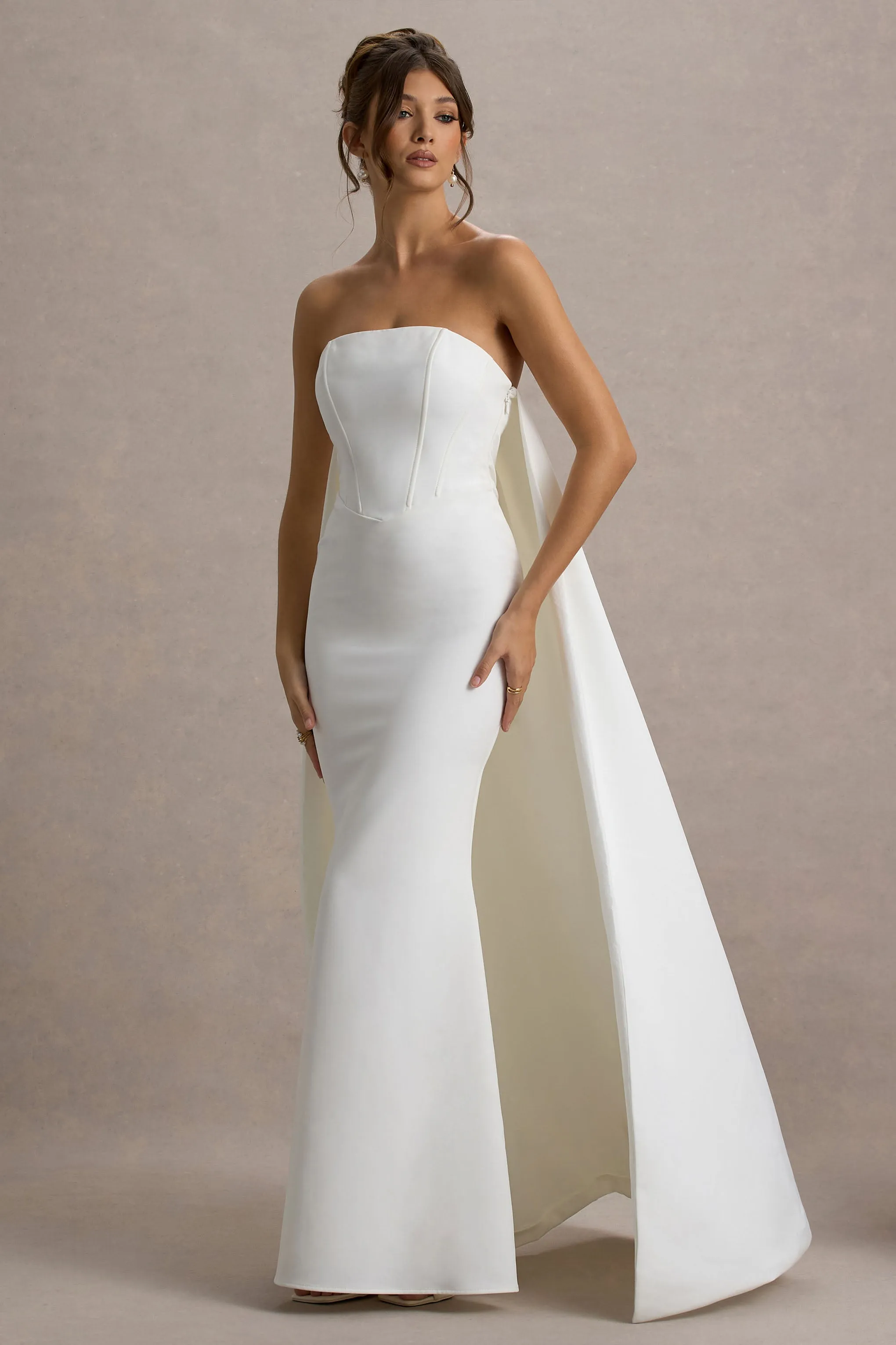 She's Trouble | White Bandeau Maxi Dress With Cape Club L London