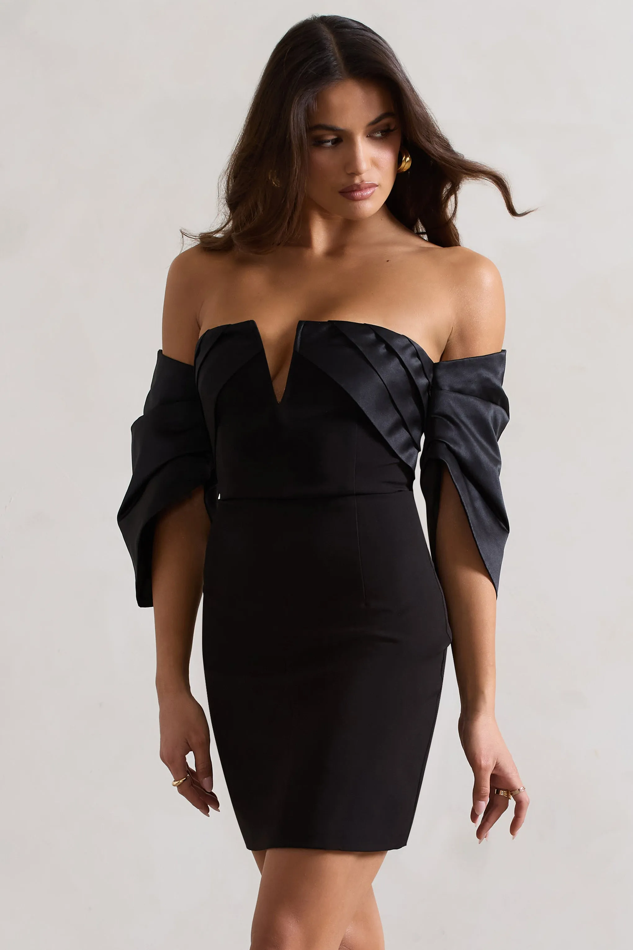 Short & Sweet | Black Bardot Bodycon Mini Dress Club L London