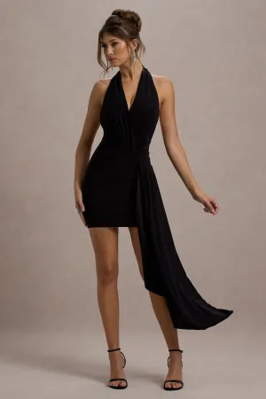 Sidney | Black Plunge-Neck Draped Wrap Mini Dress Club L London