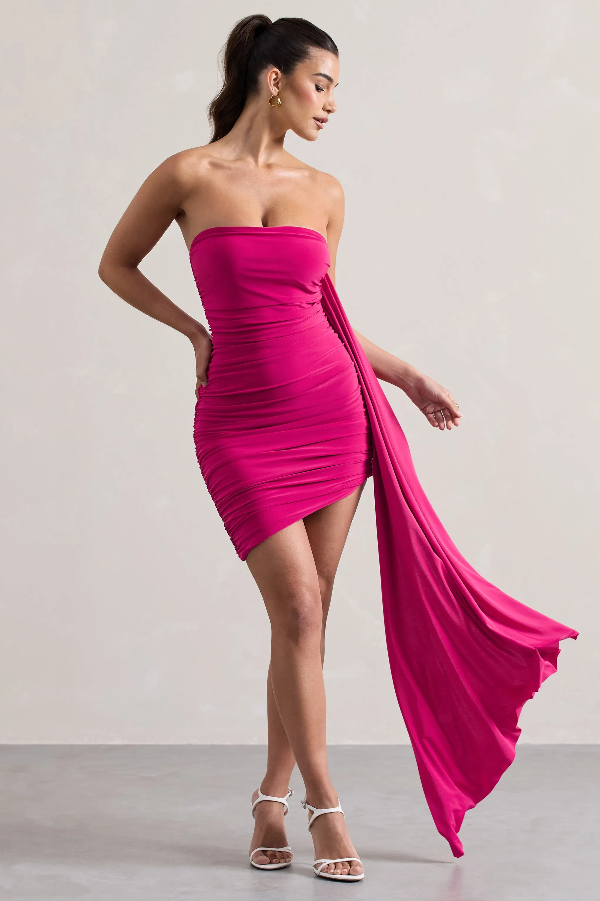 Siena | Hot Pink Ruched Asymmetric Mini Dress With Sash Club L London