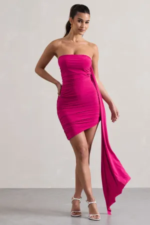 Siena | Hot Pink Ruched Asymmetric Mini Dress With Sash Club L London
