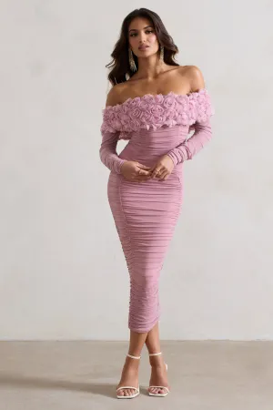 Sierra | Pink Mesh Ruched Floral Bardot Lace-Up Midi Dress Club L London