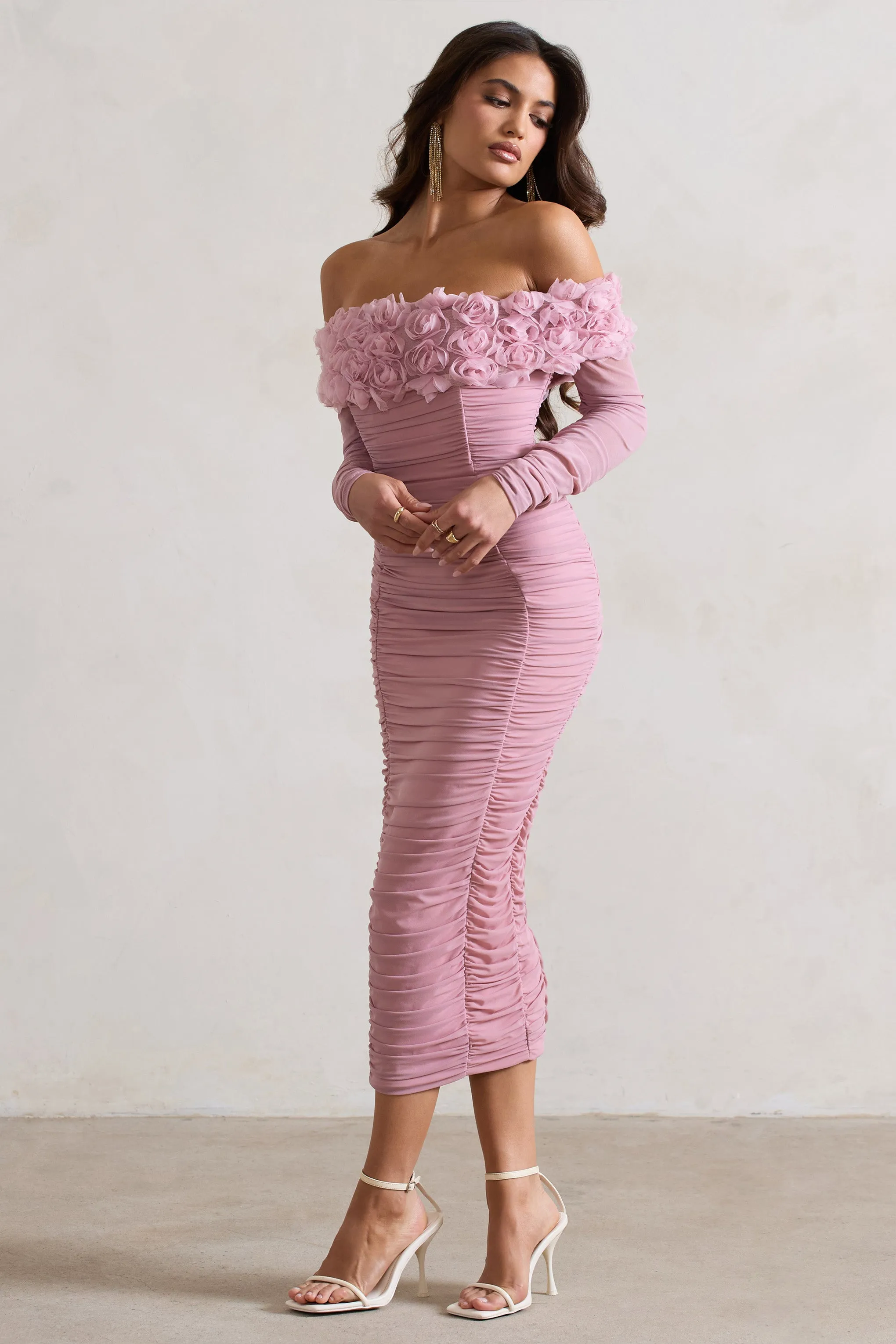 Sierra | Pink Mesh Ruched Floral Bardot Lace-Up Midi Dress Club L London