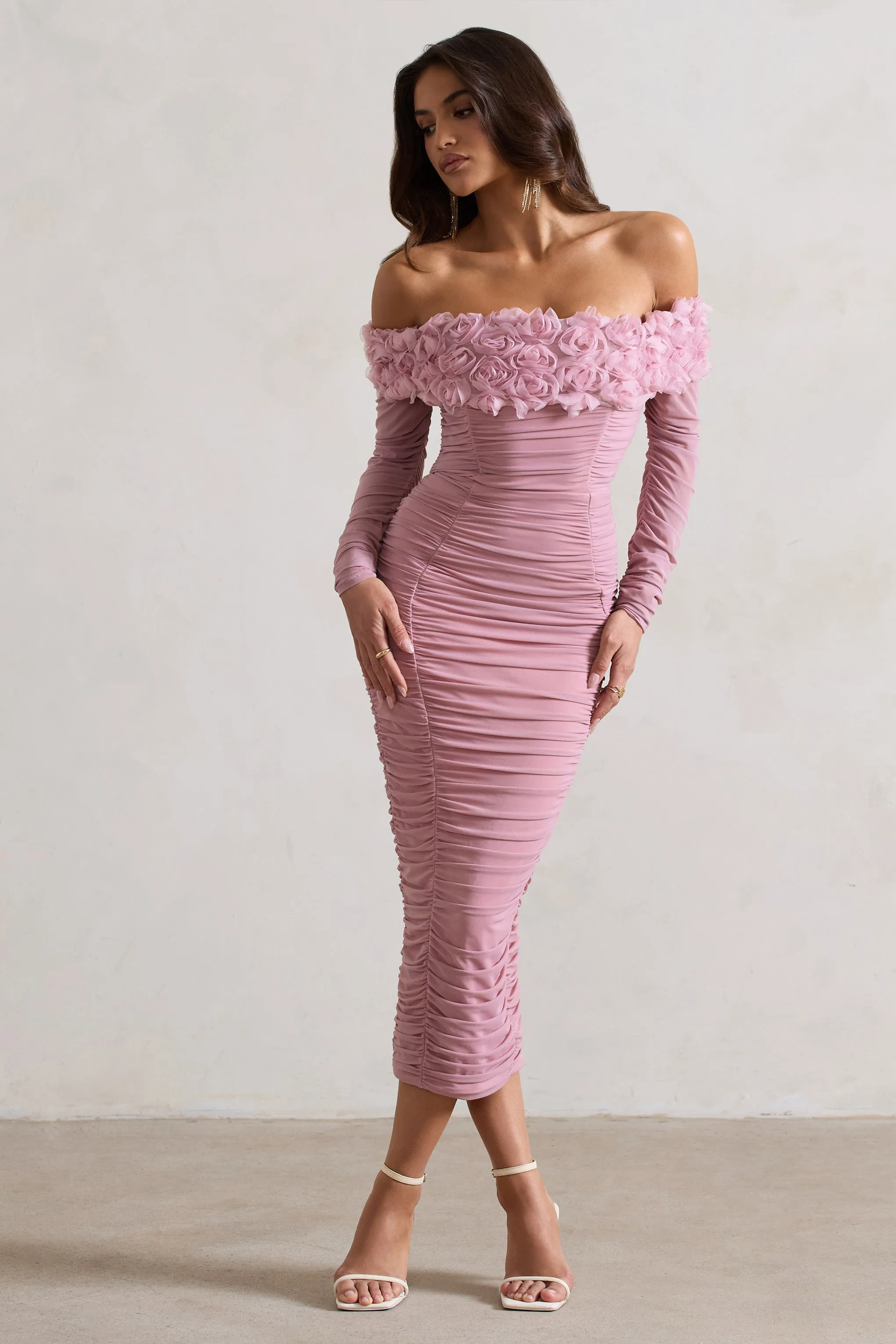 Sierra | Pink Mesh Ruched Floral Bardot Lace-Up Midi Dress Club L London