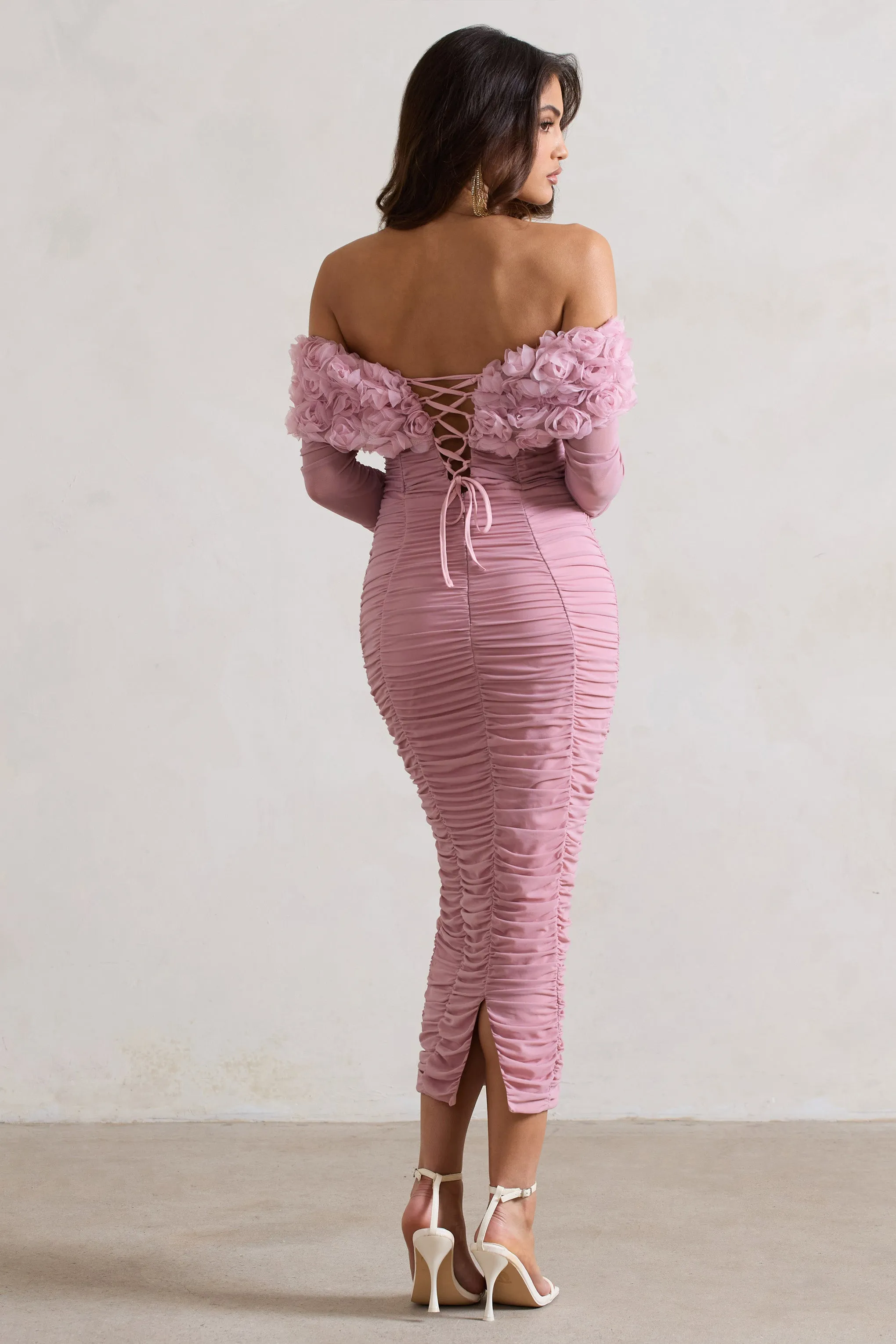 Sierra | Pink Mesh Ruched Floral Bardot Lace-Up Midi Dress Club L London
