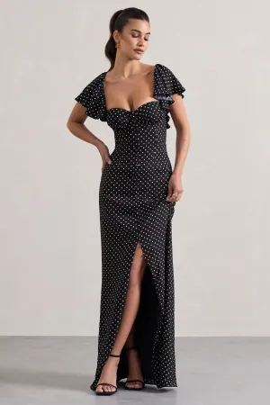 Signorina | Black Polka Dot Buttoned Maxi Dress With Flounced Short Sleeves Club L London
