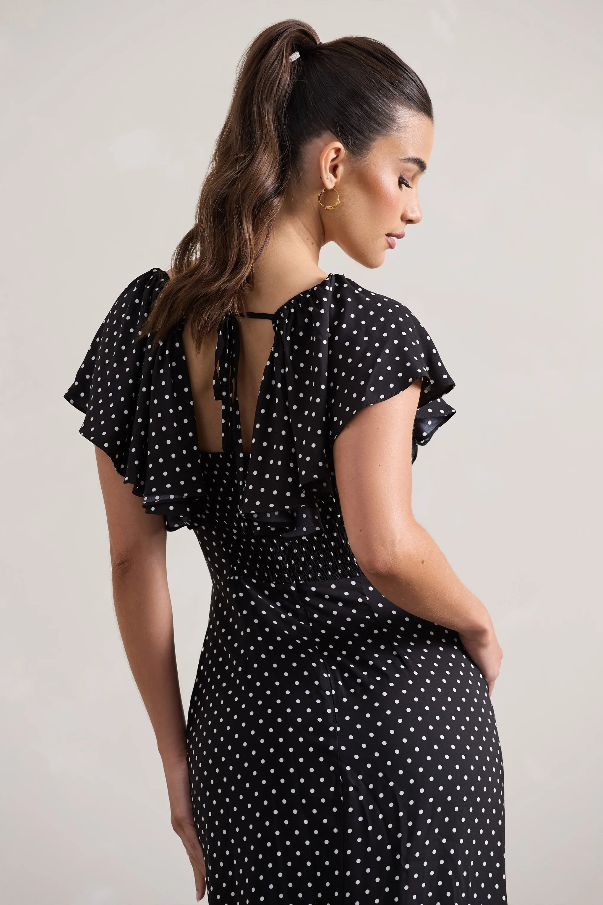 Signorina | Black Polka Dot Buttoned Maxi Dress With Flounced Short Sleeves Club L London