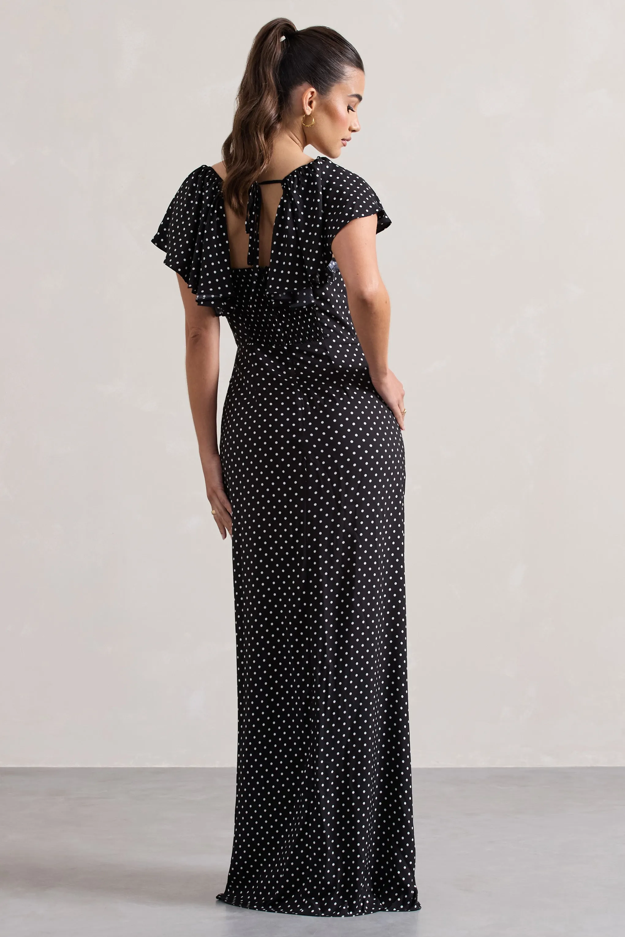 Signorina | Black Polka Dot Buttoned Maxi Dress With Flounced Short Sleeves Club L London