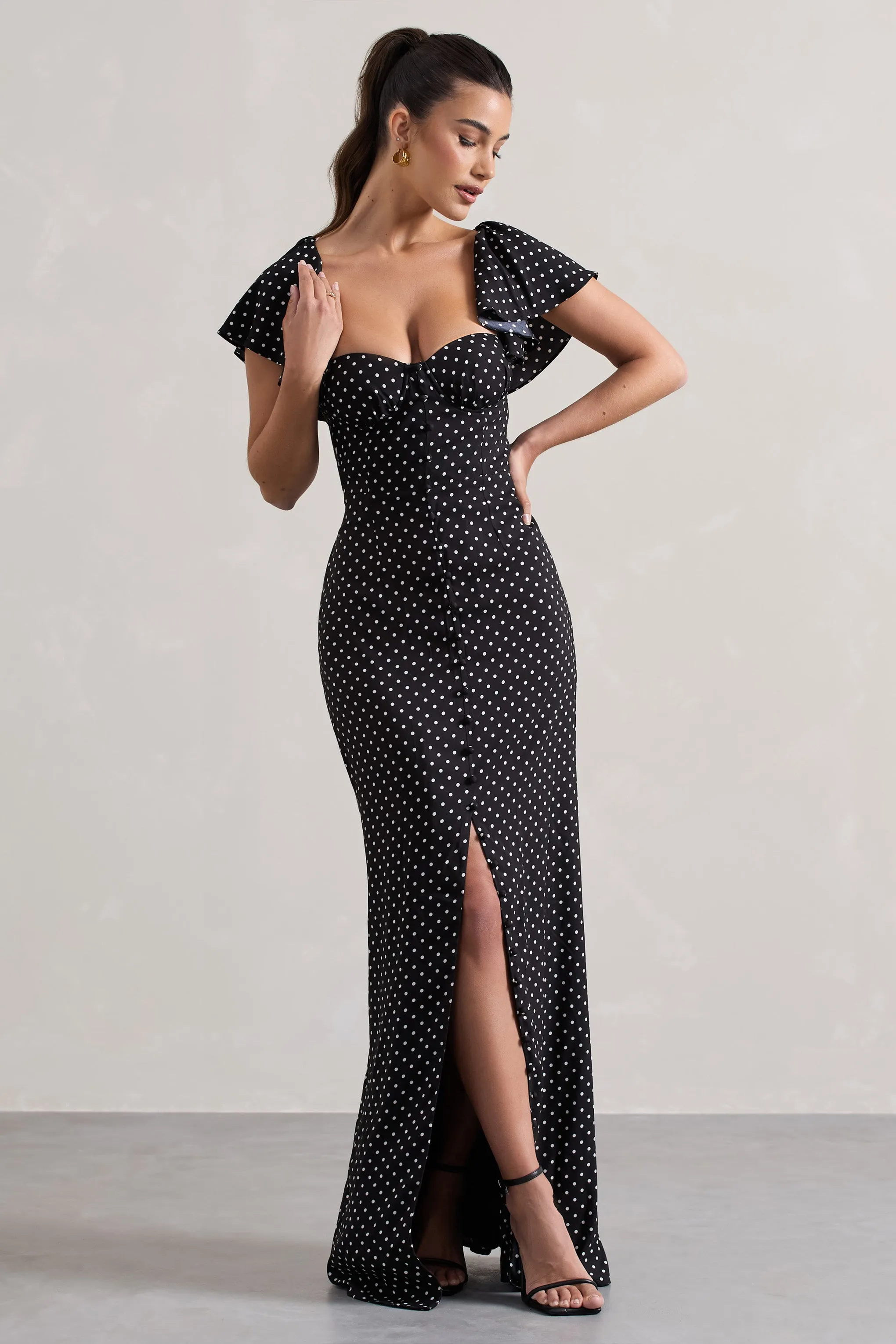Signorina | Black Polka Dot Buttoned Maxi Dress With Flounced Short Sleeves Club L London