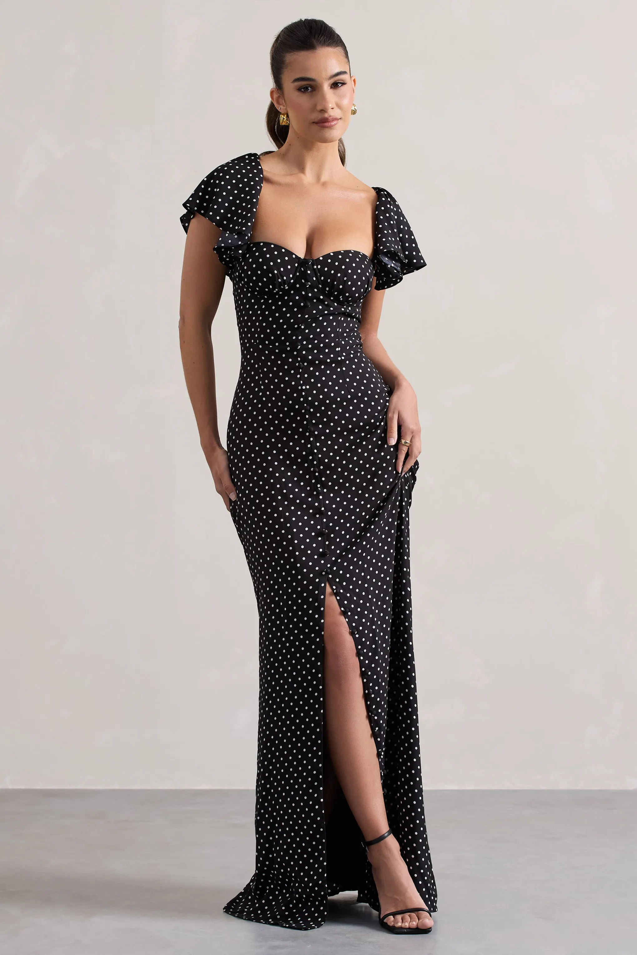 Signorina | Black Polka Dot Buttoned Maxi Dress With Flounced Short Sleeves Club L London